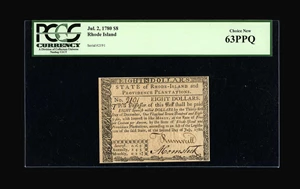 image for: Rhode Island July 2, 1780 $8 PCGS Choice New 63PPQ....