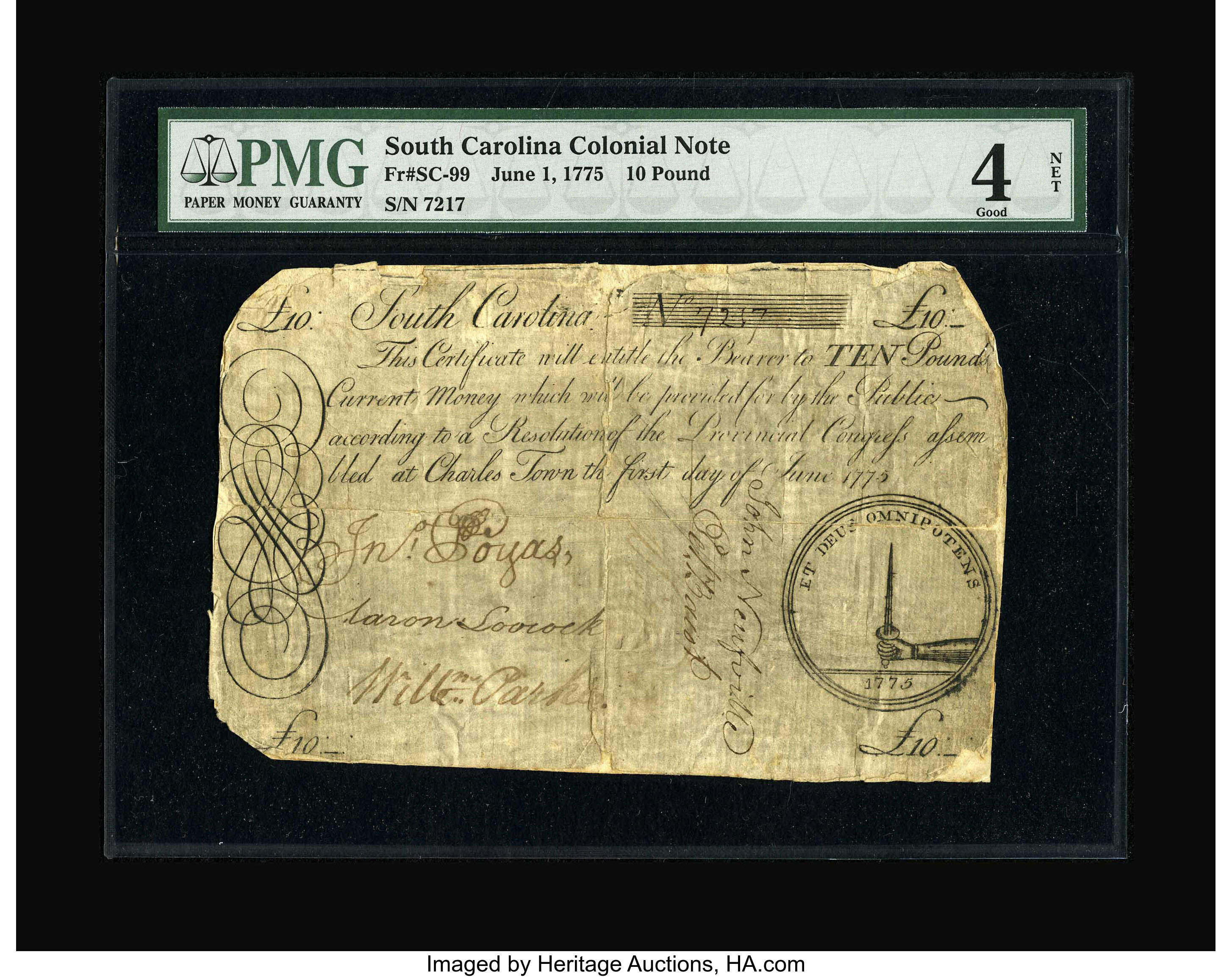 image for: South Carolina June 1, 1775 £10 PMG Net Good 4....