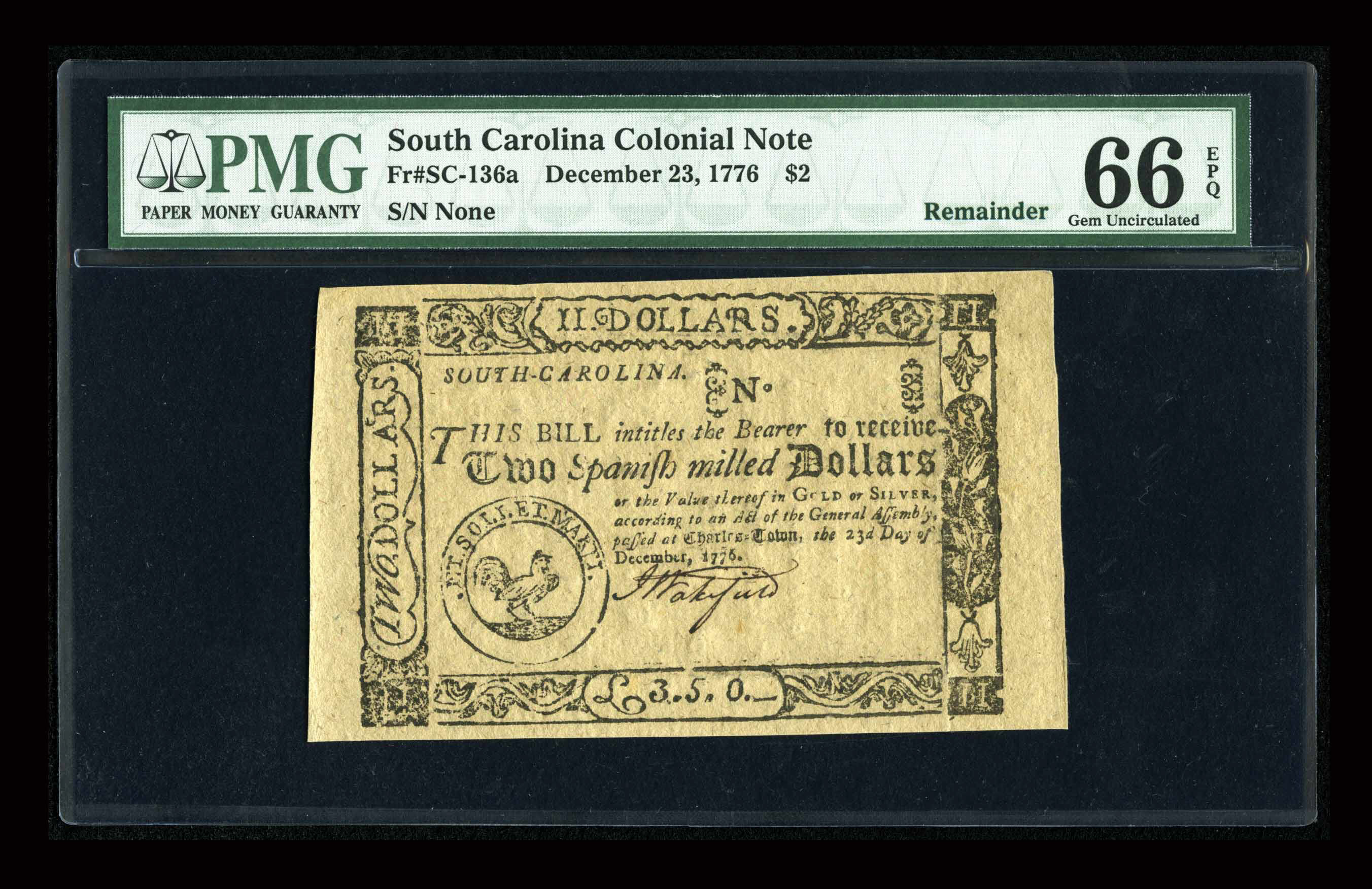 image for: South Carolina December 23, 1776  $2 PMG Gem Uncirculated 66 EPQ....