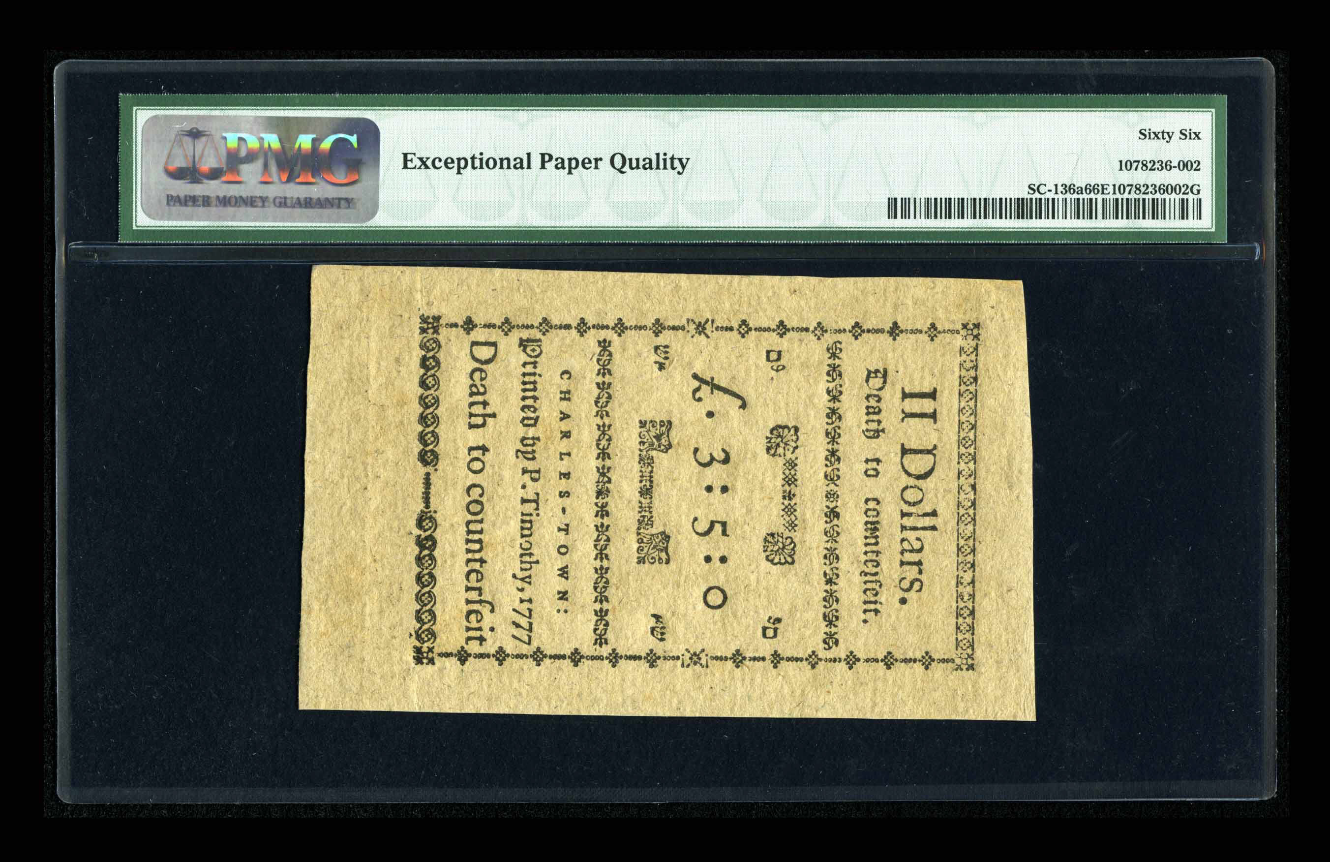 image for: South Carolina December 23, 1776  $2 PMG Gem Uncirculated 66 EPQ....