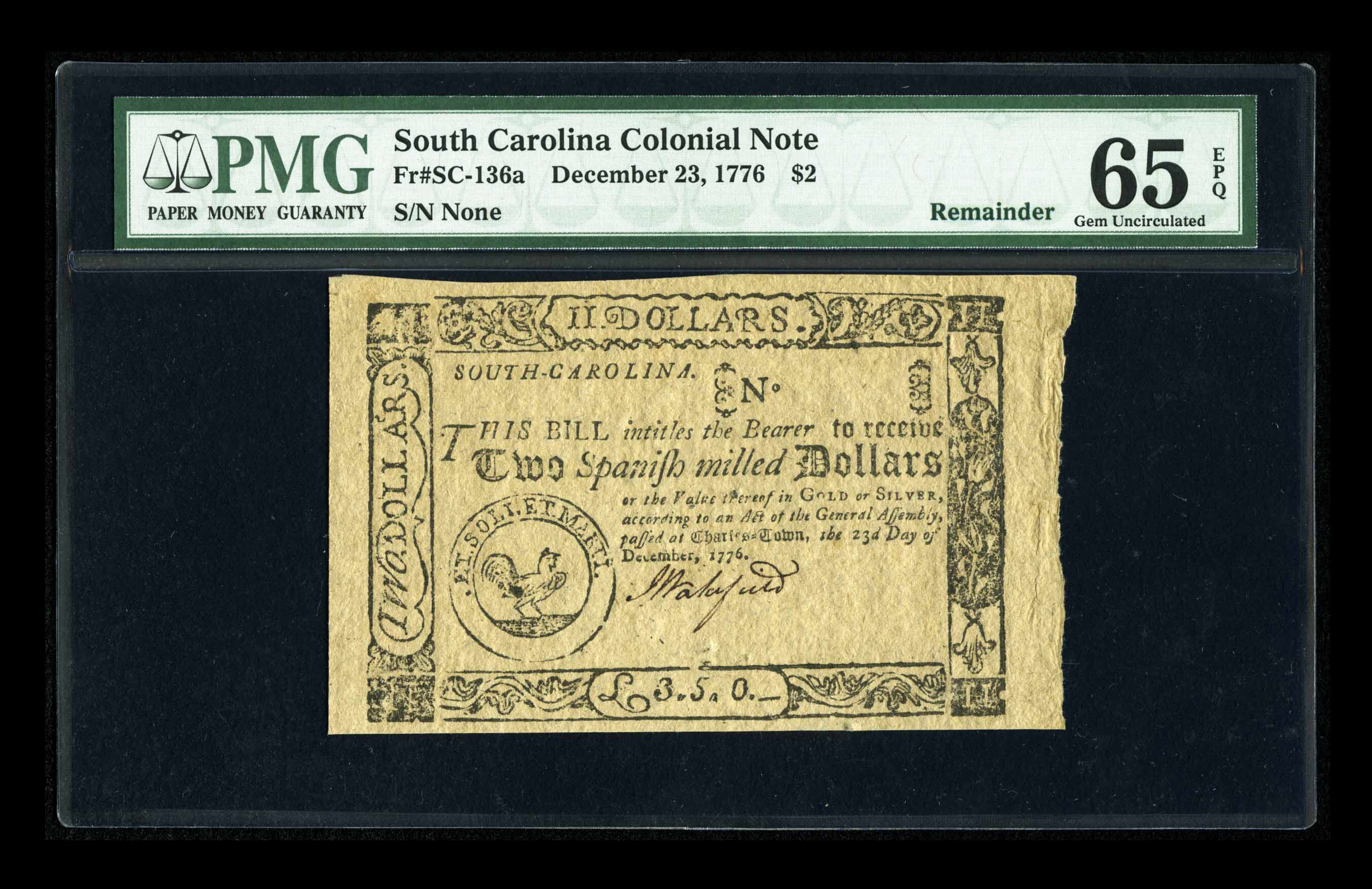 image for: South Carolina December 23, 1776  $2 PMG Gem Uncirculated 65 EPQ....