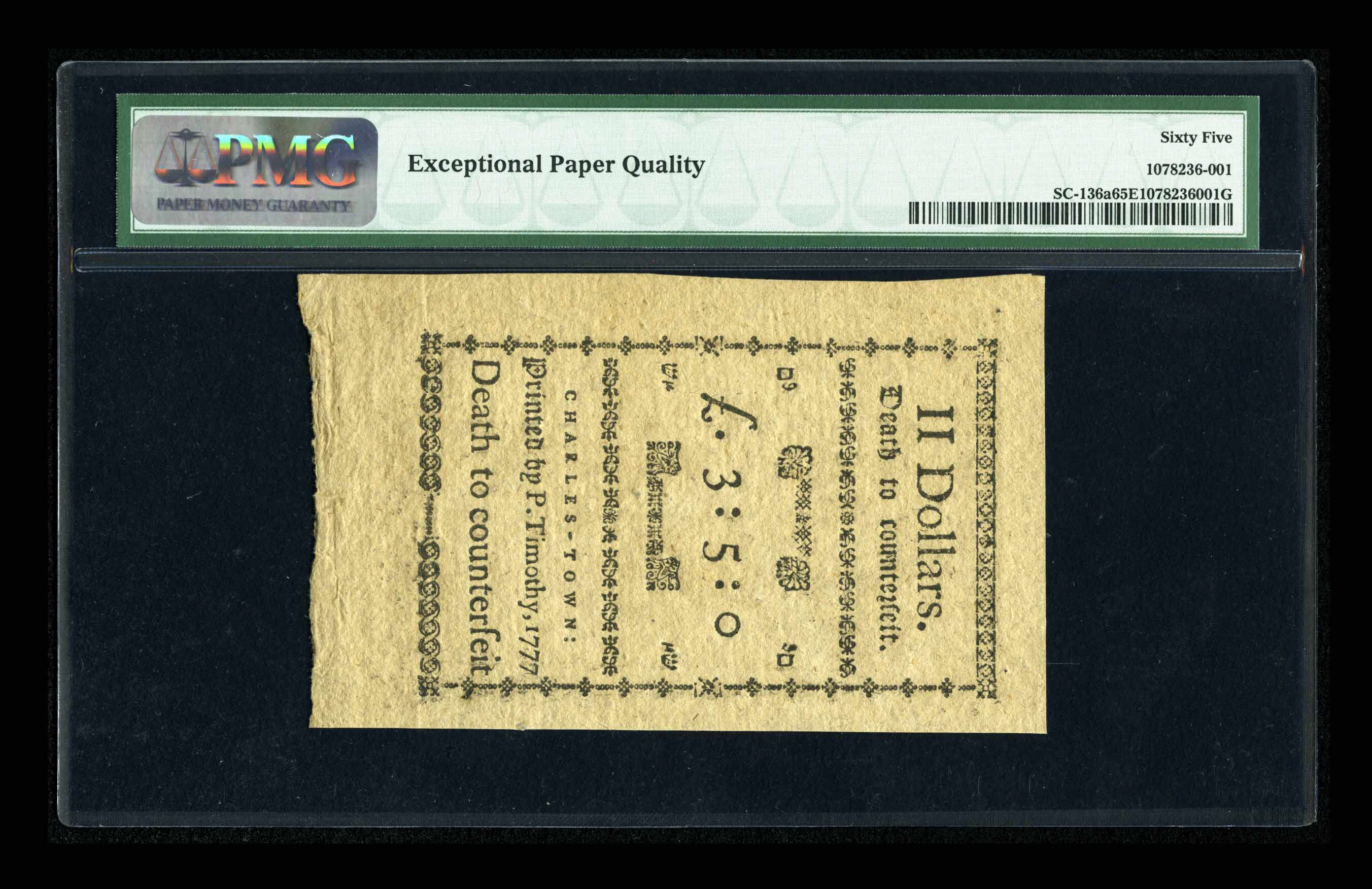 image for: South Carolina December 23, 1776  $2 PMG Gem Uncirculated 65 EPQ....