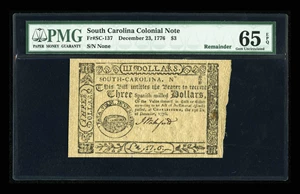 image for: South Carolina December 23, 1776 $3 PMG Gem Uncirculated 65 EPQ....