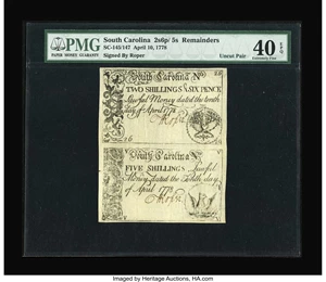 image for: An Uncut Pair South Carolina April 10, 1778 2s/6d and 5s PMG Extremely Fine 40 EPQ....