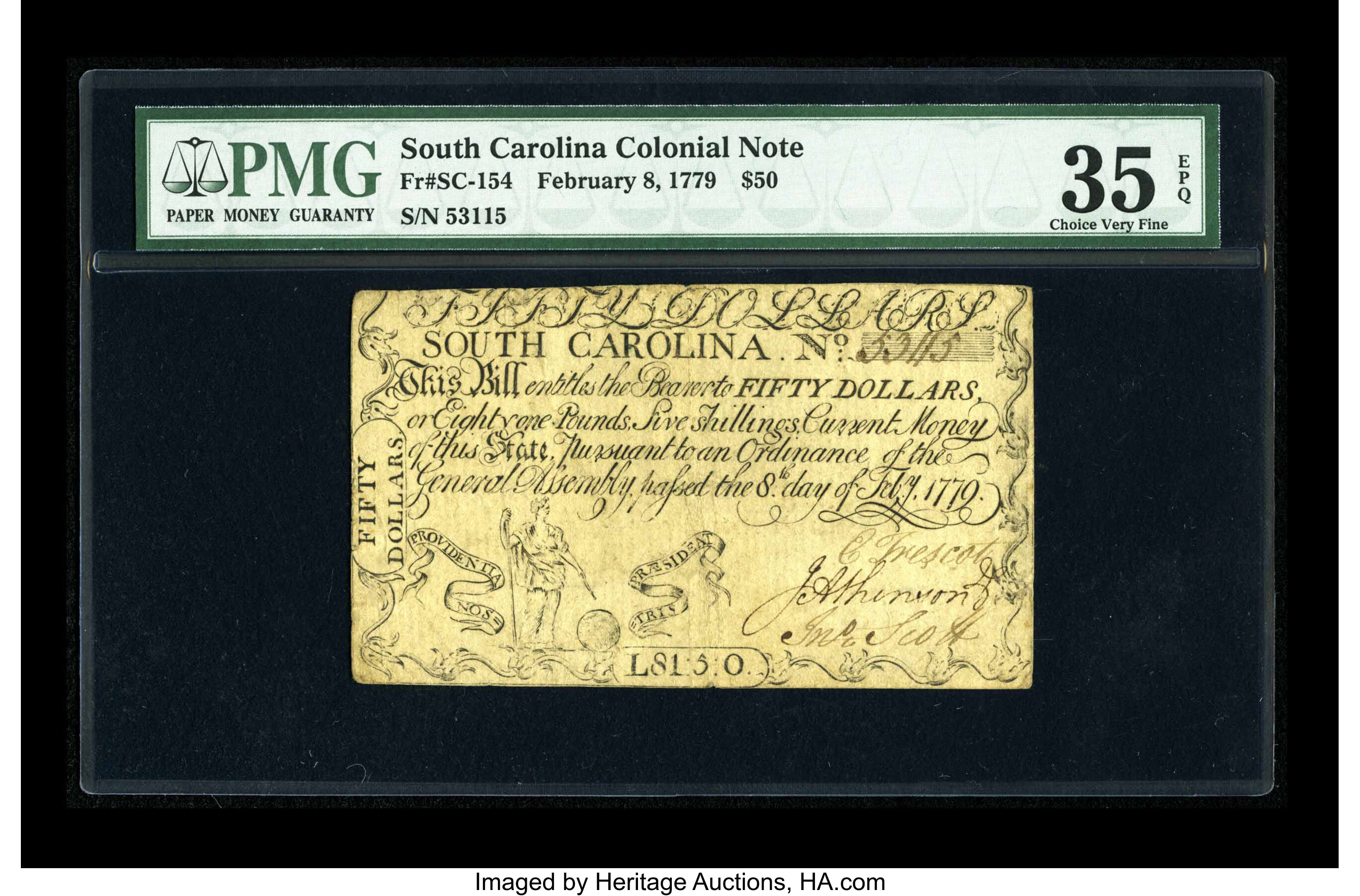 image for: South Carolina February 8, 1779 $50 PMG Choice Very Fine 35 EPQ....