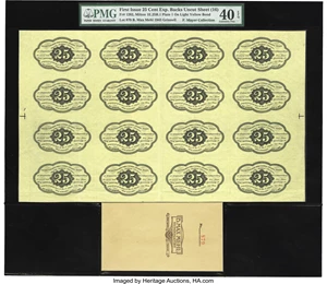 image for: Fr. 1282 Milton 1E25R.1 25¢ First Issue Uncut Sheet of Sixteen Backs PMG Extremely Fine 40 EPQ....