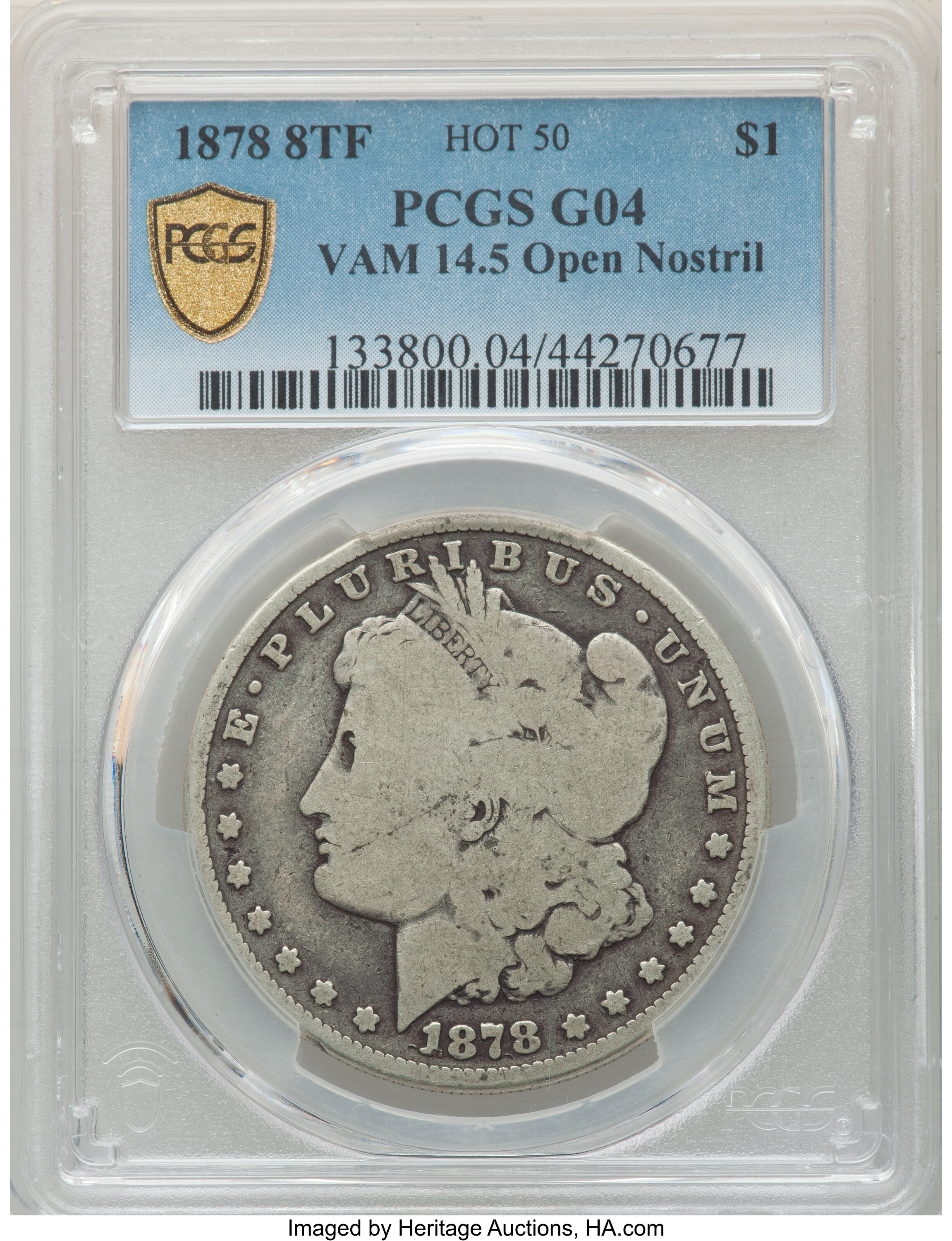 image for: 1878 8TF $1 Open Nostril, Spiked "A", VAM-14.5, Good 4 PCGS. A Hot 50 Variety. PCGS Population: (2/99 and 0/0+). NGC Census...