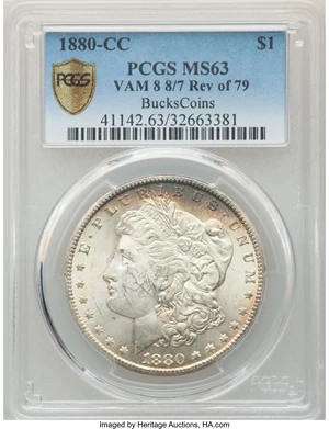 image for: 1880-CC $1 Reverse of 1879, 8/7 Dash, VAM-8, MS63 PCGS. Ex: Bucks Coins. PCGS Population: (20/41 and 1/6+). NGC Census: (0/...