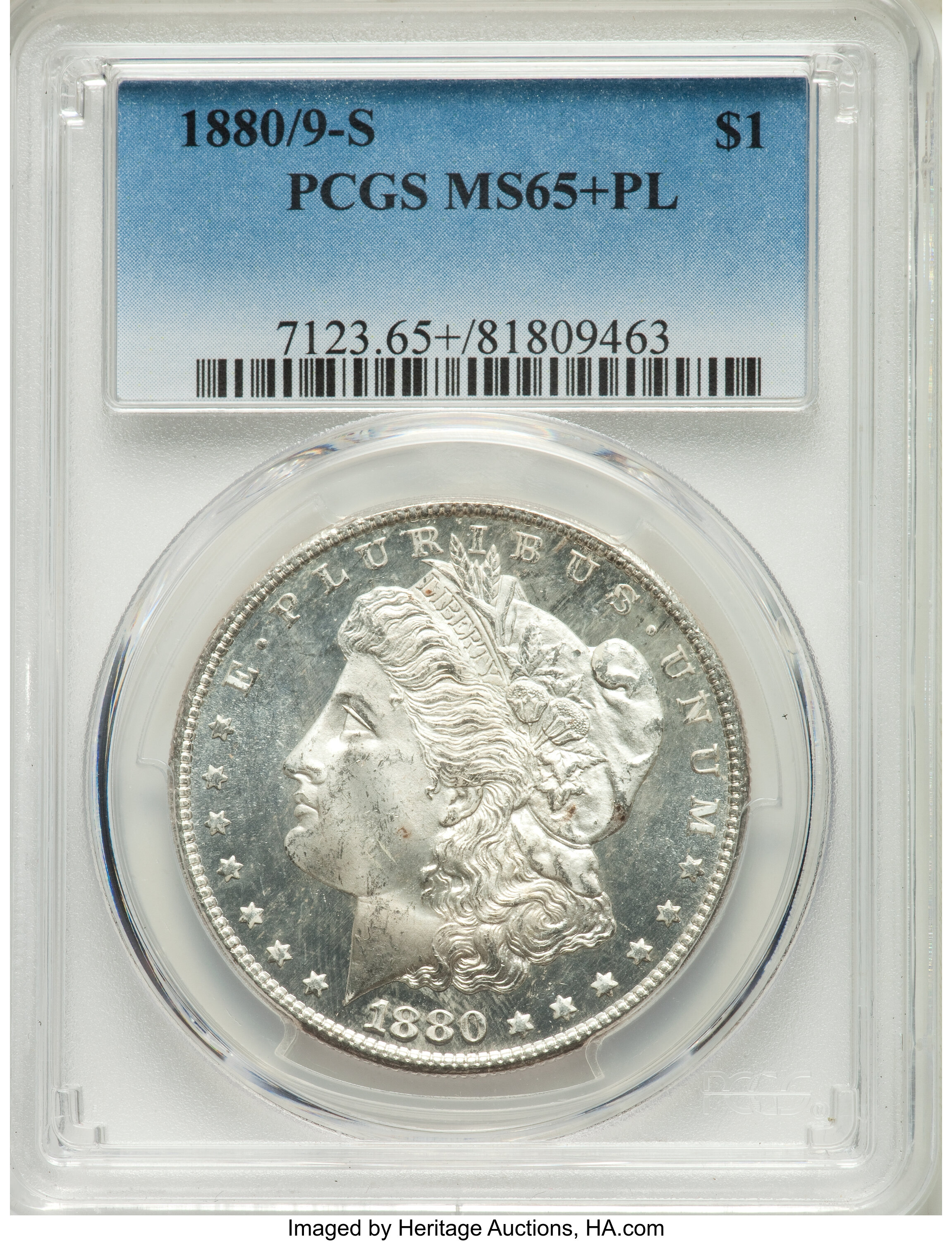 image for: 1880/9-S $1 MS65+ Prooflike PCGS. PCGS Population: (17/11 and 2/0+). NGC Census: (6/5 and 0/0+). MS65. ...