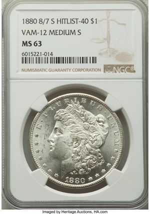 image for: 1880-S $1 Checkmark, VAM-12, MS63 NGC. A Hitlist 40 Variety. NGC Census: (0/0). PCGS Population: (19/94). MS63. ...