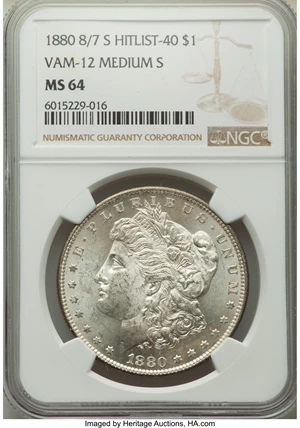 image for: 1880-S $1 Checkmark, VAM-12, MS64 NGC. A Hitlist 40 Variety. NGC Census: (0/0). PCGS Population: (40/54). MS64. ...