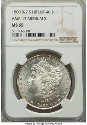image for: 1880-S $1 Checkmark, VAM-12, MS65 NGC. A Hitlist 40 Variety. NGC Census: (0/0). PCGS Population: (22/32). MS65. ...