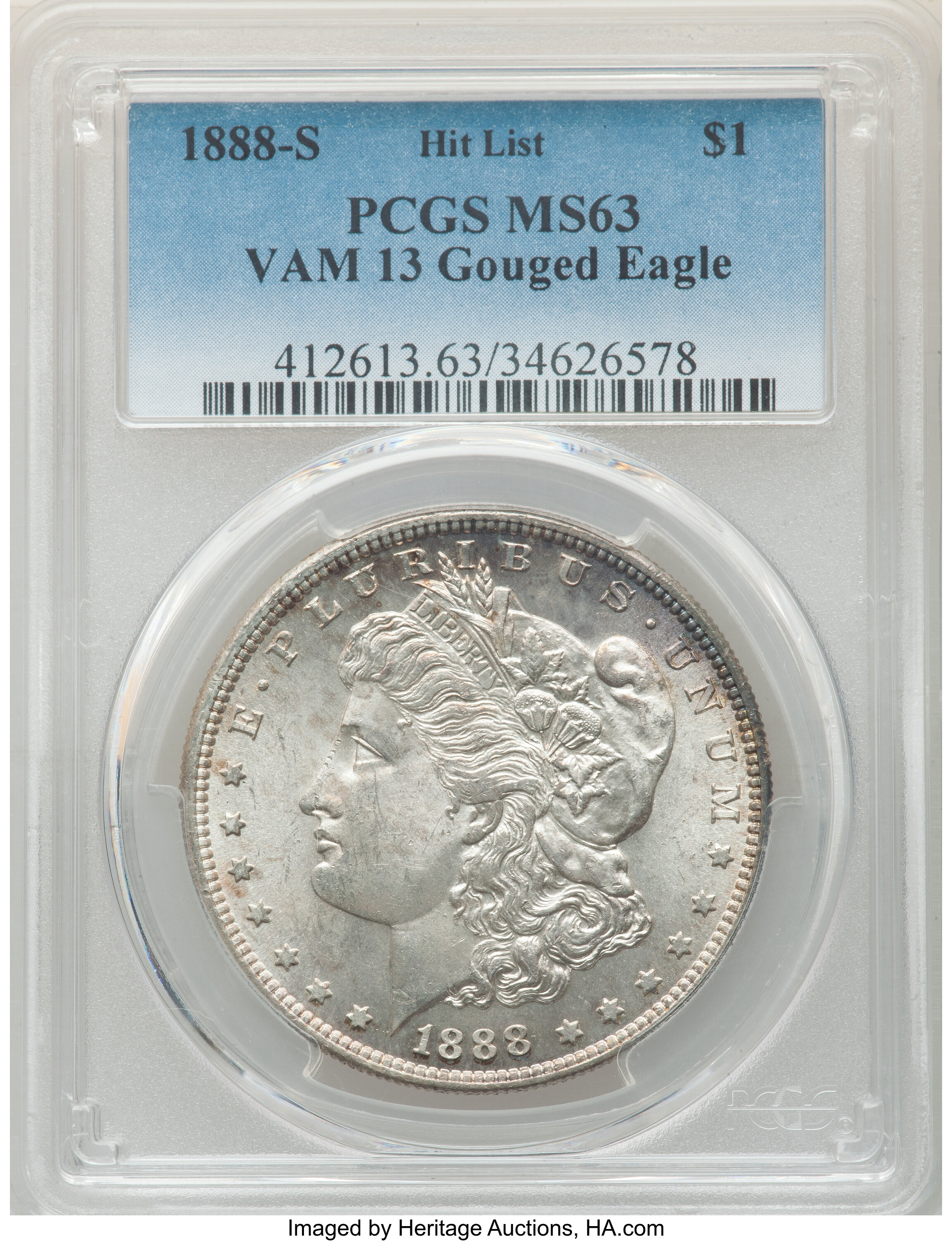 image for: 1888-S $1 Gouged Eagle, VAM-13, MS63 PCGS. A Hit List Variety. PCGS Population: (24/28). NGC Census: (0/0). MS63. ...
