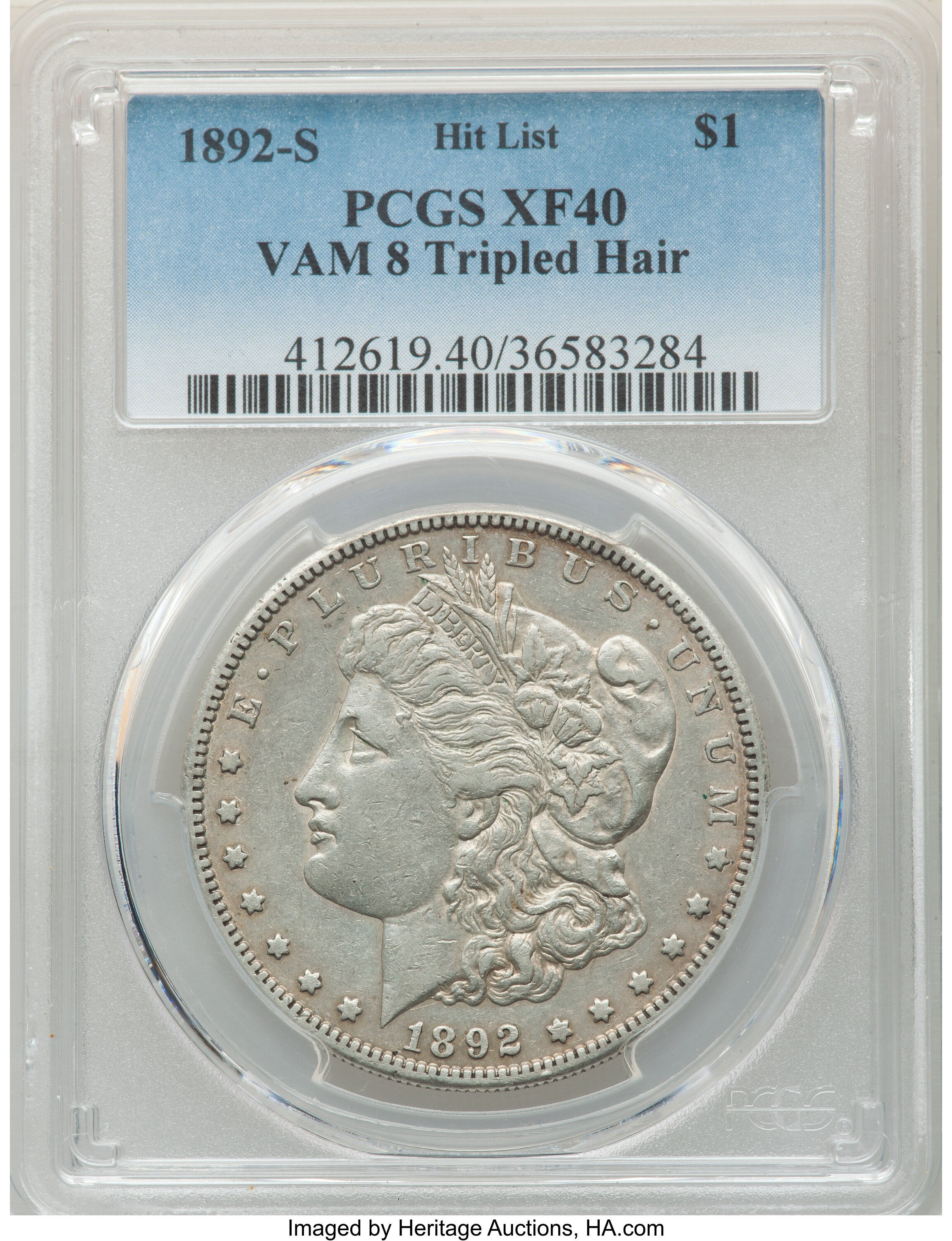 image for: 1892-S $1 Tripled Hair, VAM-8, XF40 PCGS. A Hit List Variety. PCGS Population: (5/14). NGC Census: (0/0). XF40. Mintage 1,2...