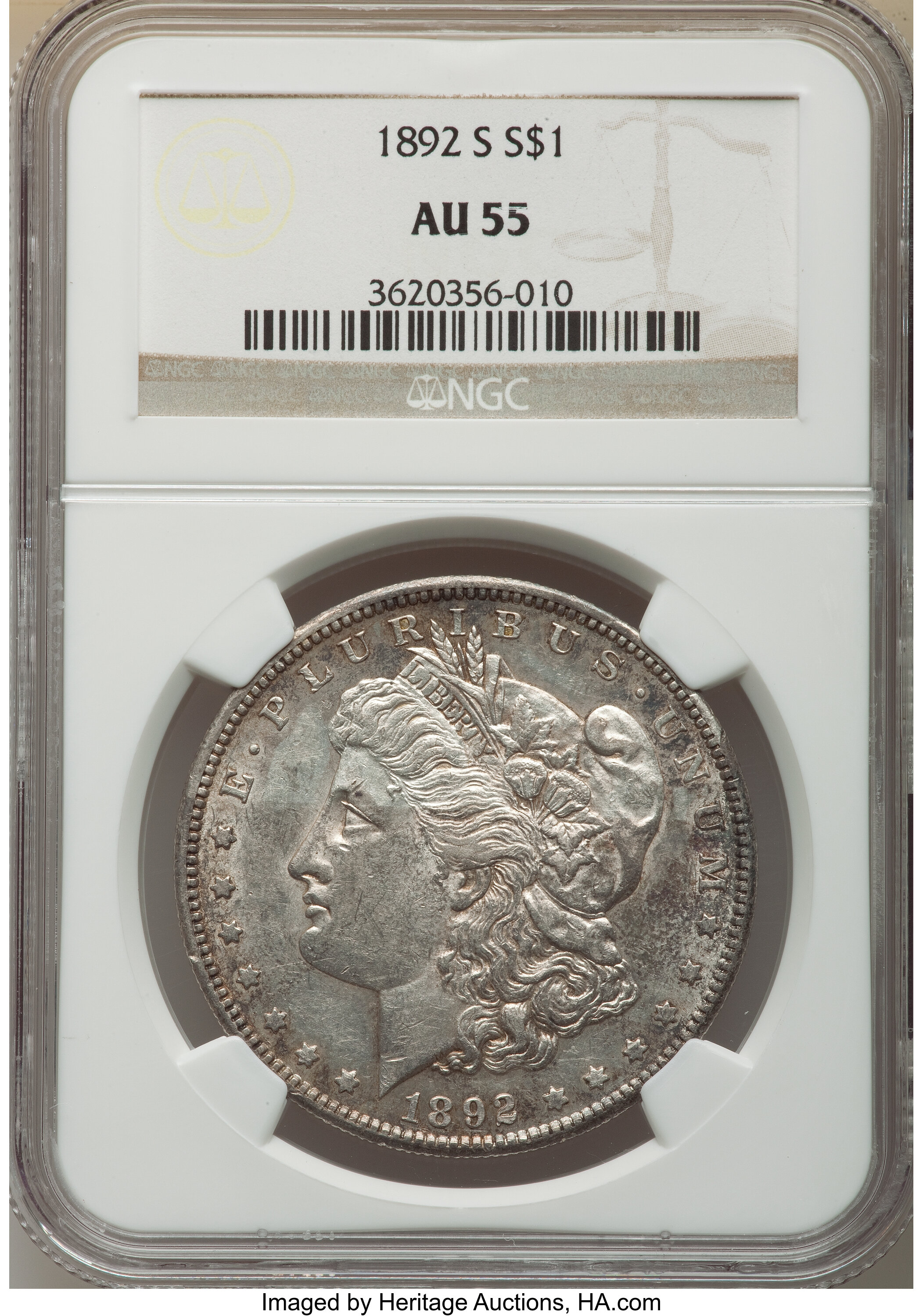 image for: 1892-S $1 Tripled Hair, VAM-8, AU55 NGC. NGC Census: (0/0). PCGS Population: (2/1). AU55. Mintage 1,200,000. ...