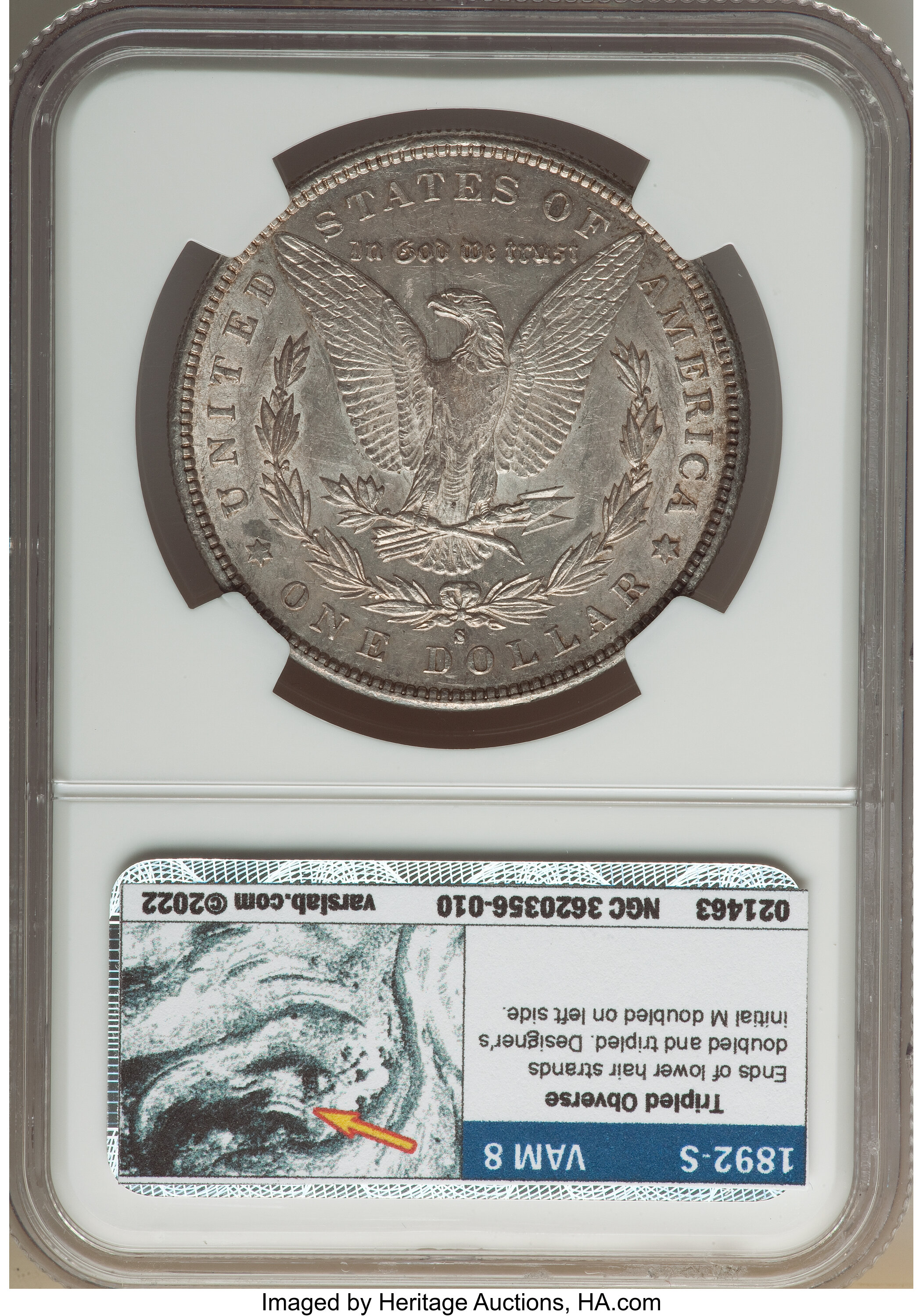 image for: 1892-S $1 Tripled Hair, VAM-8, AU55 NGC. NGC Census: (0/0). PCGS Population: (2/1). AU55. Mintage 1,200,000. ...