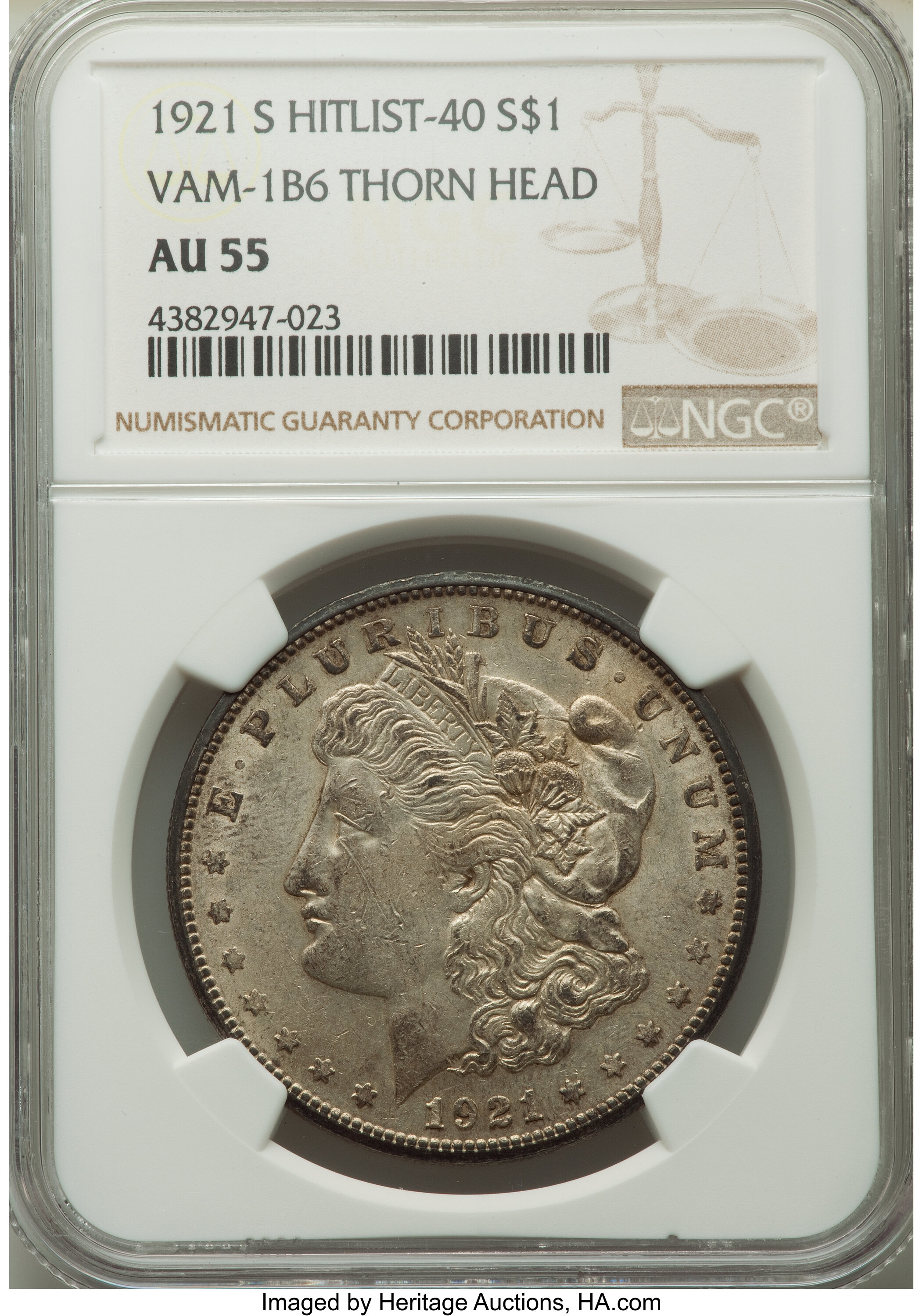image for: 1921-S $1 Thorn Head, VAM-1B6, AU55 NGC. A Hitlist 40 Variety. NGC Census: (0/0). PCGS Population: (13/74). AU55. ...