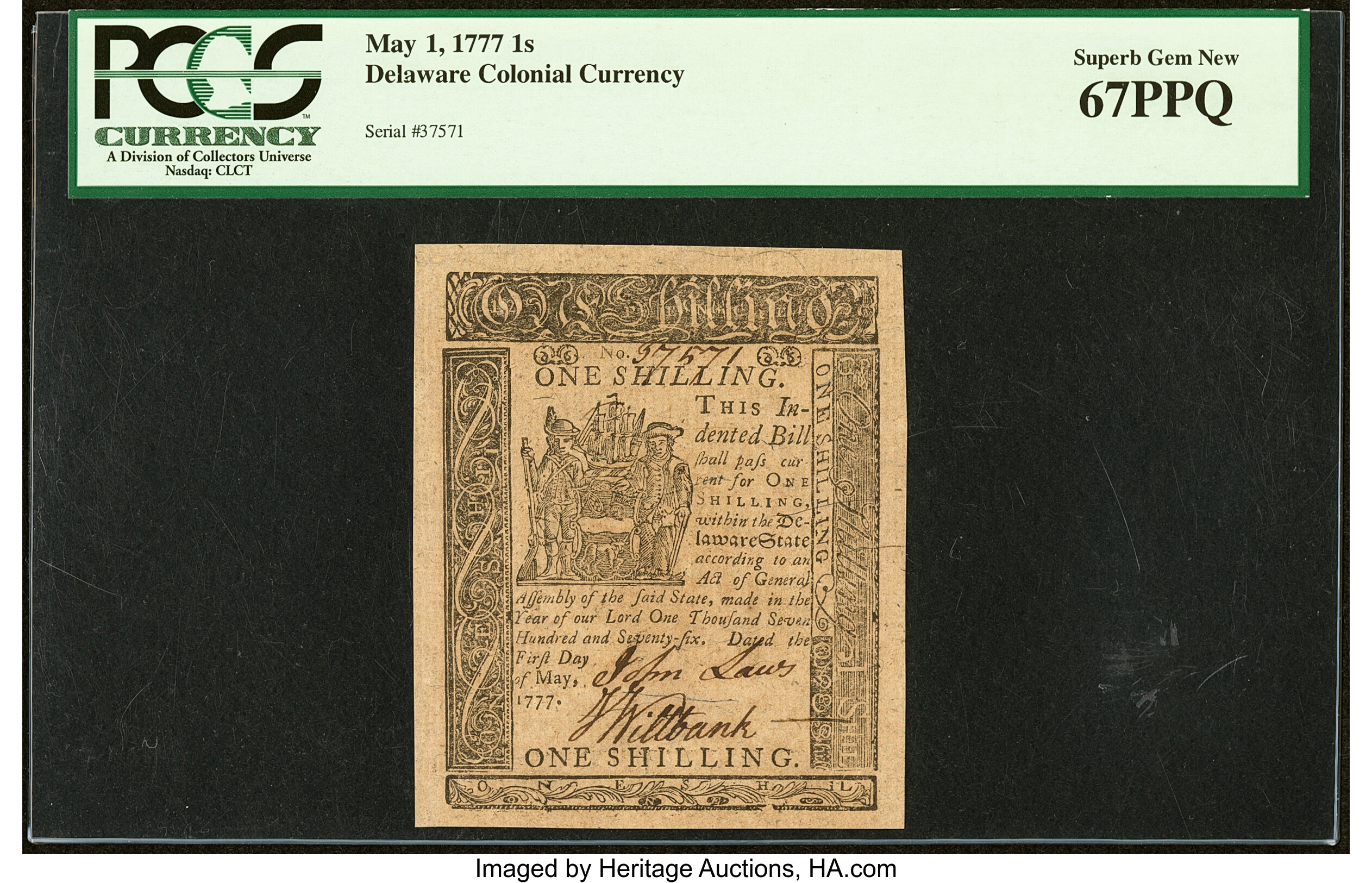 image for: Colony of Delaware May 1, 1777 Shilling Fr. DE-85 PCGS Superb Gem New 67PPQ....