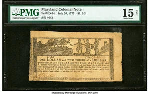 image for: Maryland July 26, 1775 $1 2/3 Fr. MD-74 PMG Choice Fine 15 Net....