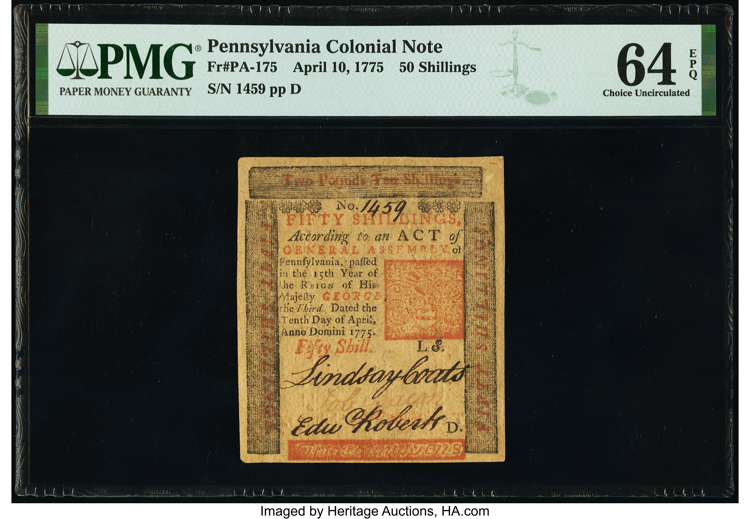 image for: Pennsylvania April 10, 1775 50 Shillings Fr. PA-175 PMG Choice Uncirculated 64 EPQ....