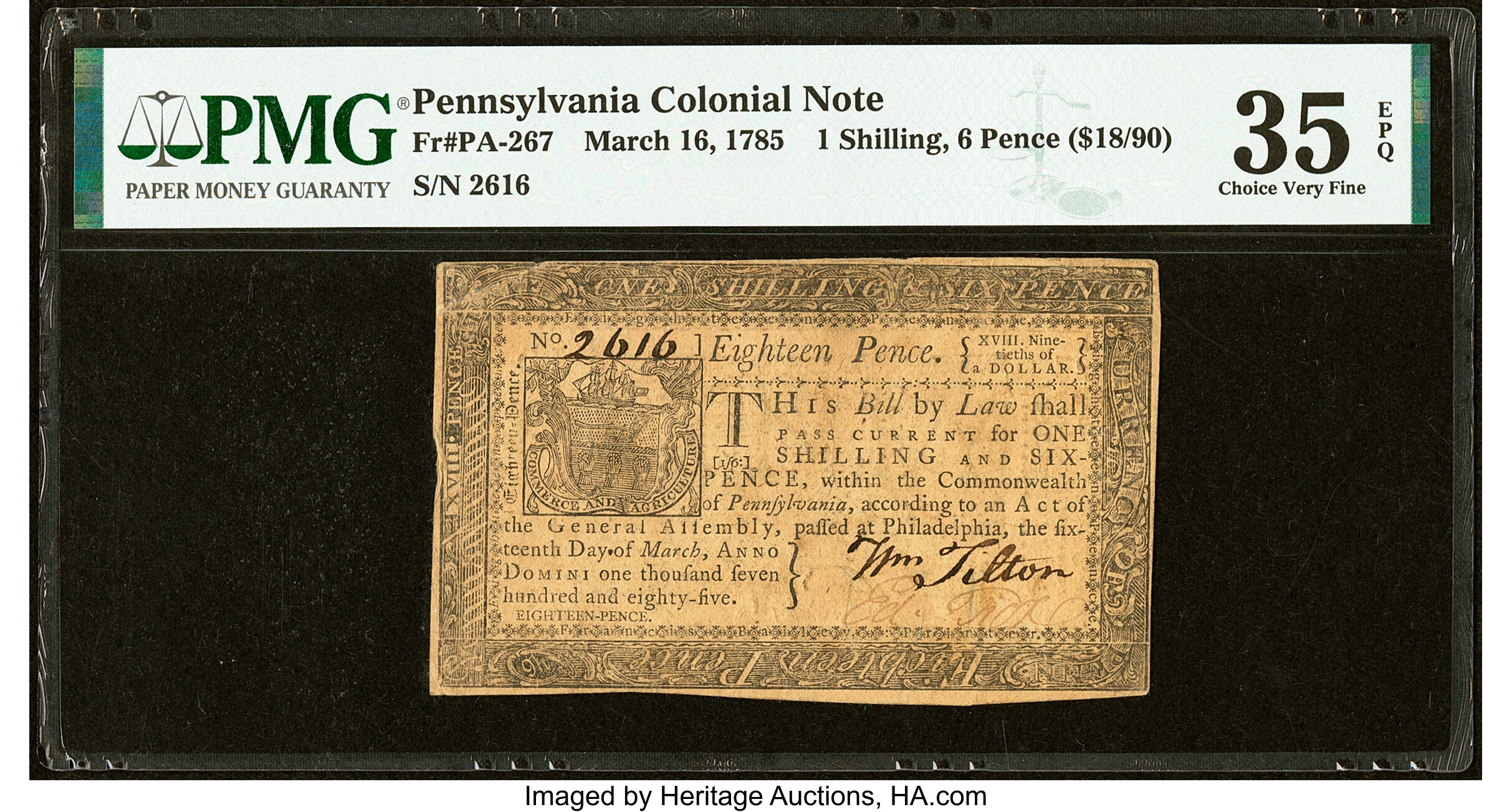 image for: Pennsylvania March 16, 1785 1 Shilling 6 Pence Fr. PA-267 PMG Choice Very Fine 35 EPQ....