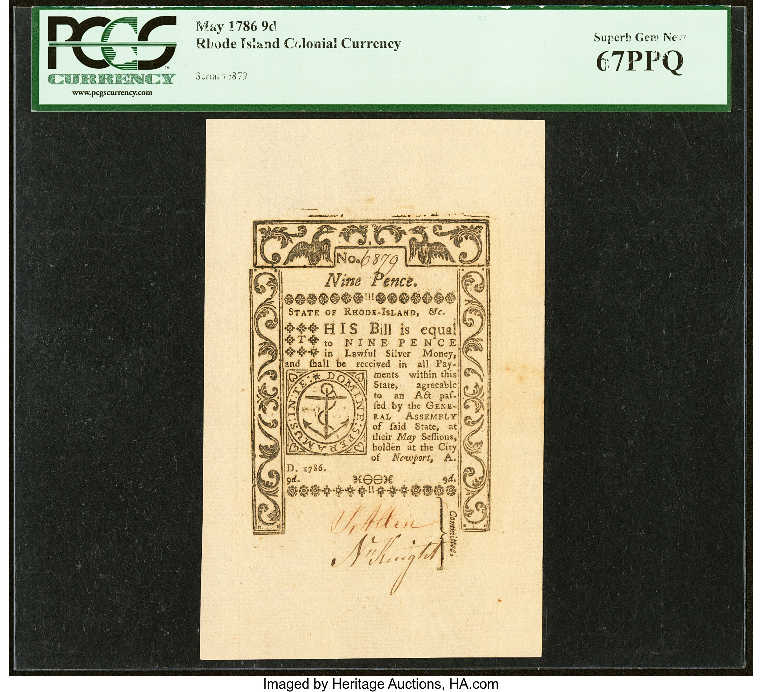 image for: Rhode Island May 1786 9 Pence Fr. RI-291 PCGS Superb Gem New 67PPQ....