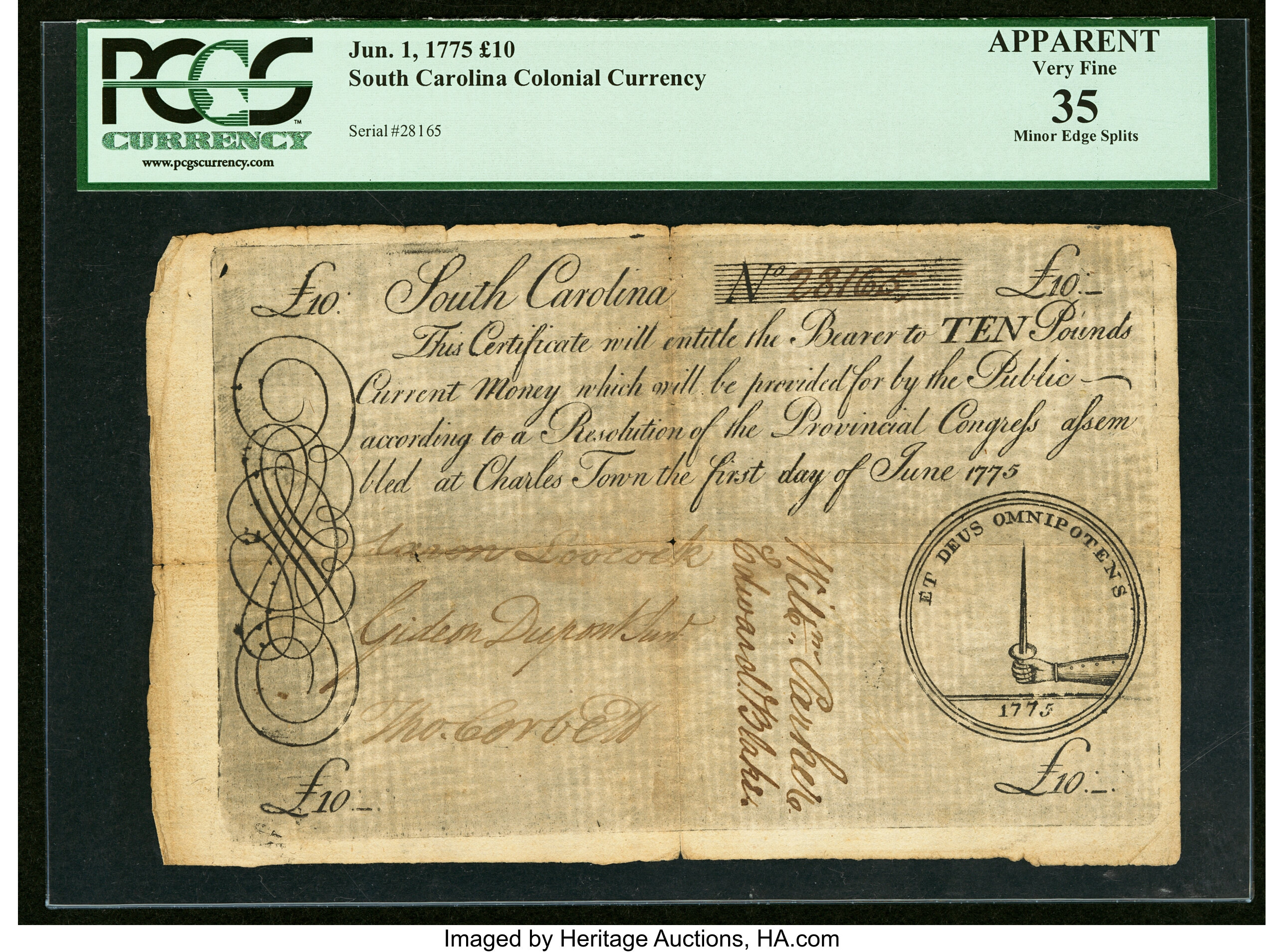 image for: South Carolina June 1, 1775 10 Pounds Fr. SC-99 PCGS Apparent Very Fine 35....