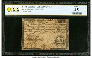 image for: South Carolina February 14, 1777 $30 Fr. SC-144 PCGS Banknote Choice XF 45....