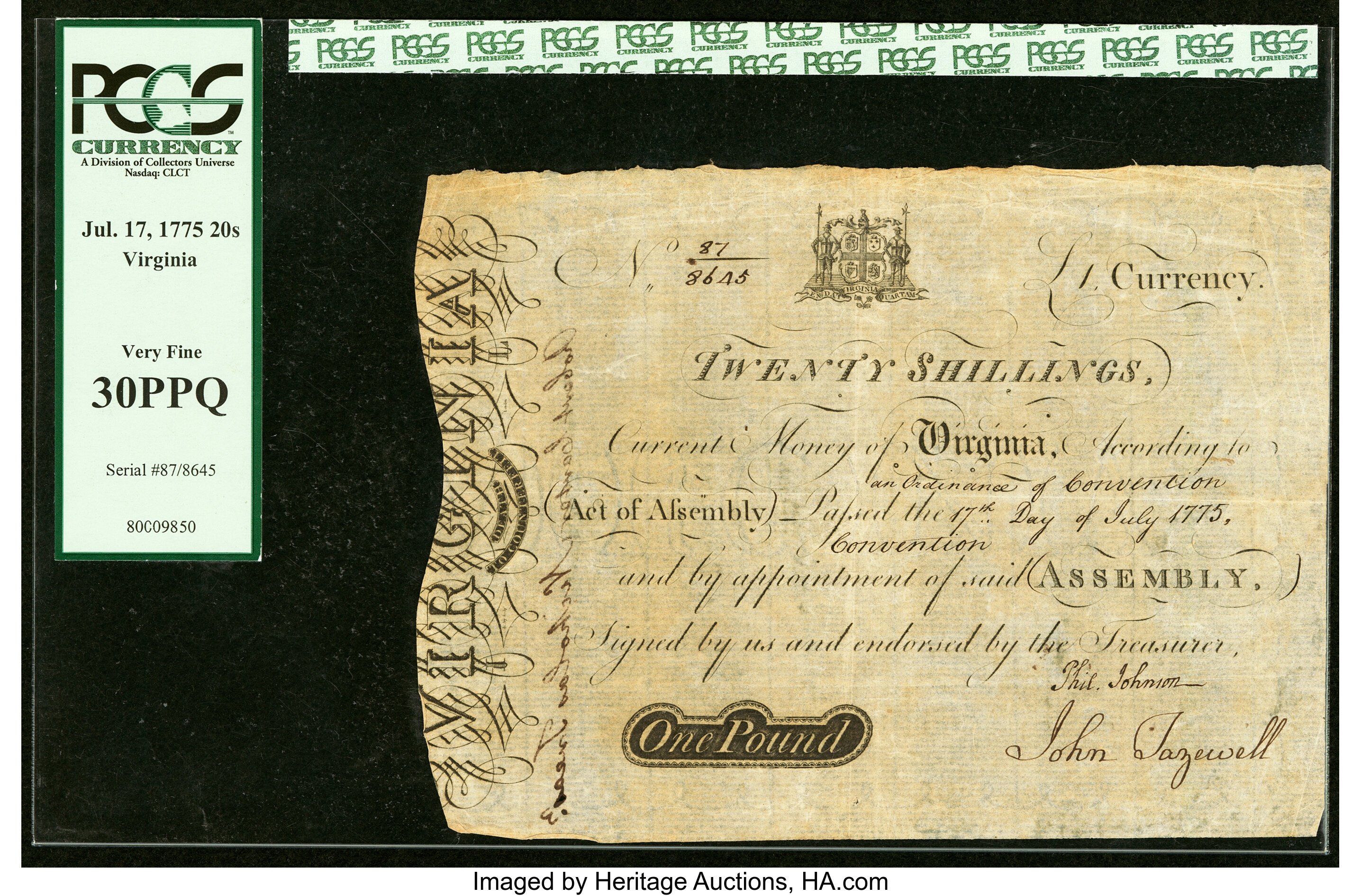 image for: Virginia July 17, 1775 20 Shillings Ashby Note Fr. VA-77b PCGS Very Fine 30PPQ....