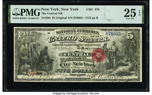 image for: New York, NY - $5 Original Fr. 394 Central National Bank of the City of New York Ch. #376 PMG Very Fine 25 EPQ....