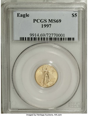 image for: 1997 G$5 Tenth-Ounce Gold Eagle MS69 PCGS. PCGS Population (1104/19). NGC Census: (0/0). Mintage: 528,515. Numismedia Wsl. ...