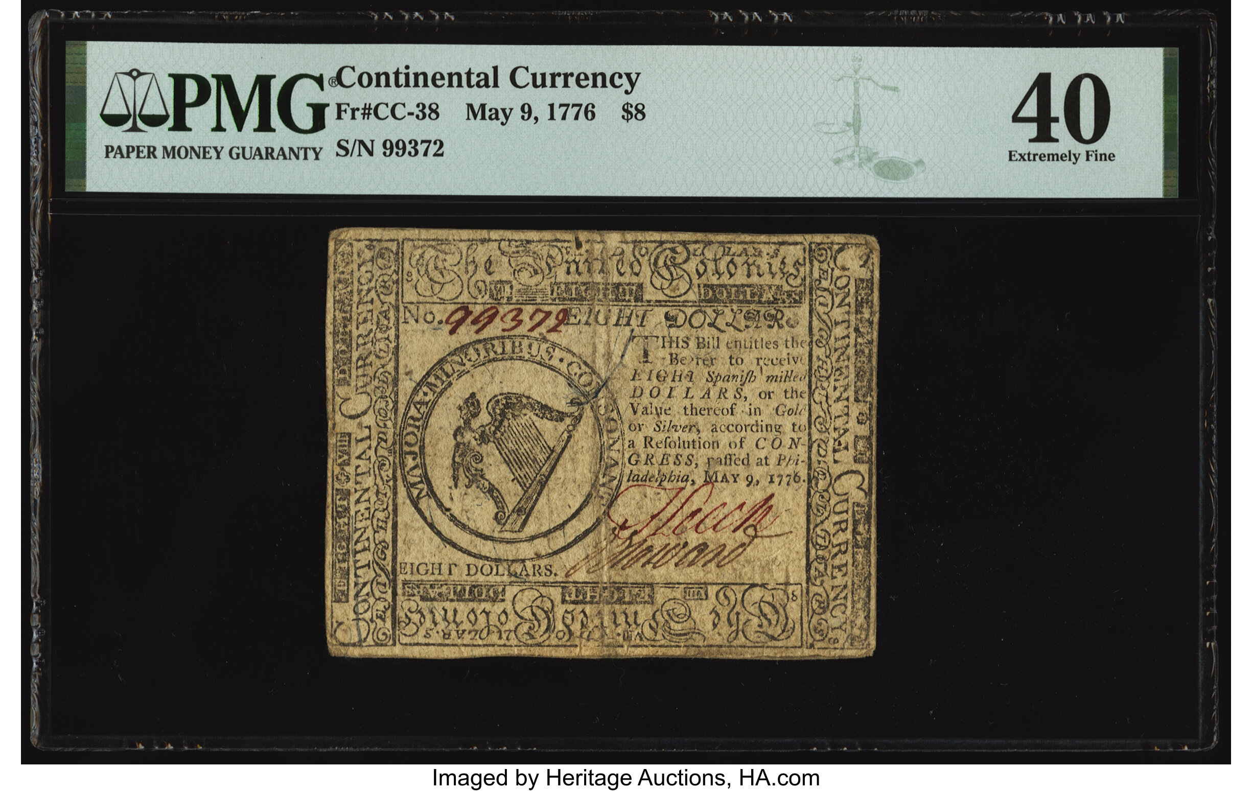 image for: Continental Currency May 9, 1776 $8 PMG Extremely Fine 40....