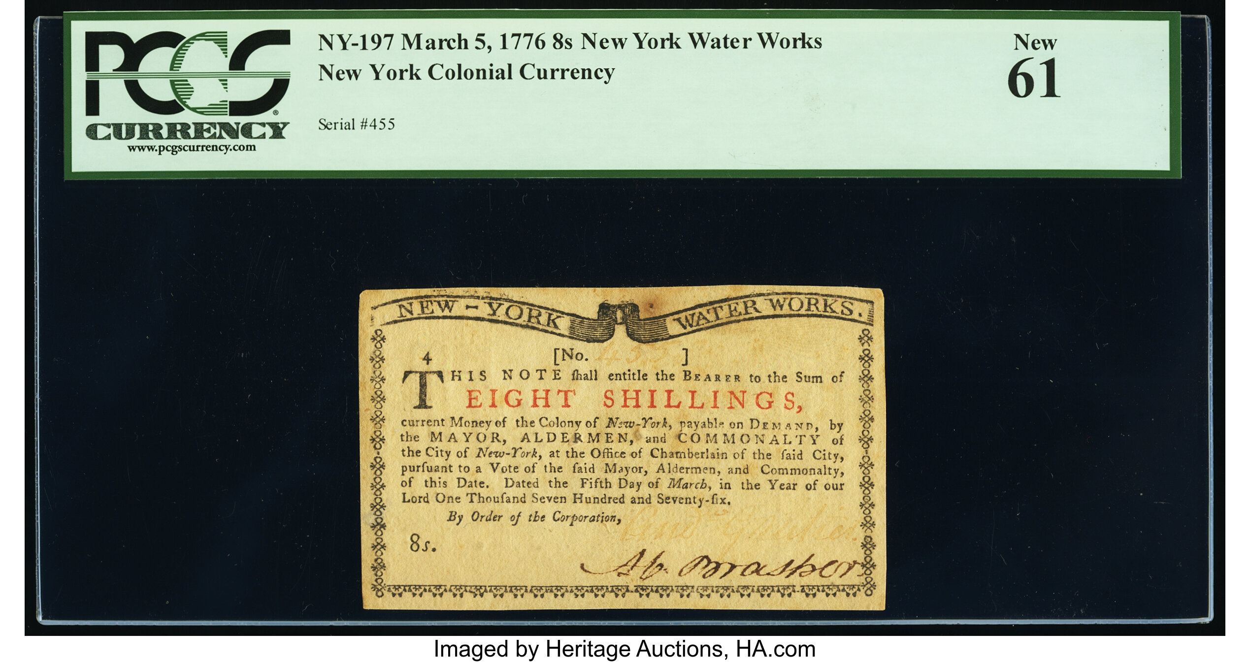 image for: New York March 5, 1776 (Water Works) 8s PCGS New 61....