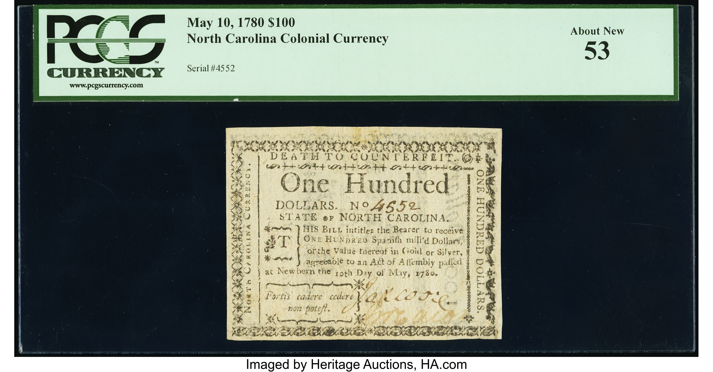 image for: North Carolina May 10, 1780 $100 Fortis Cadere Cedere Non Potest PCGS About New 53....