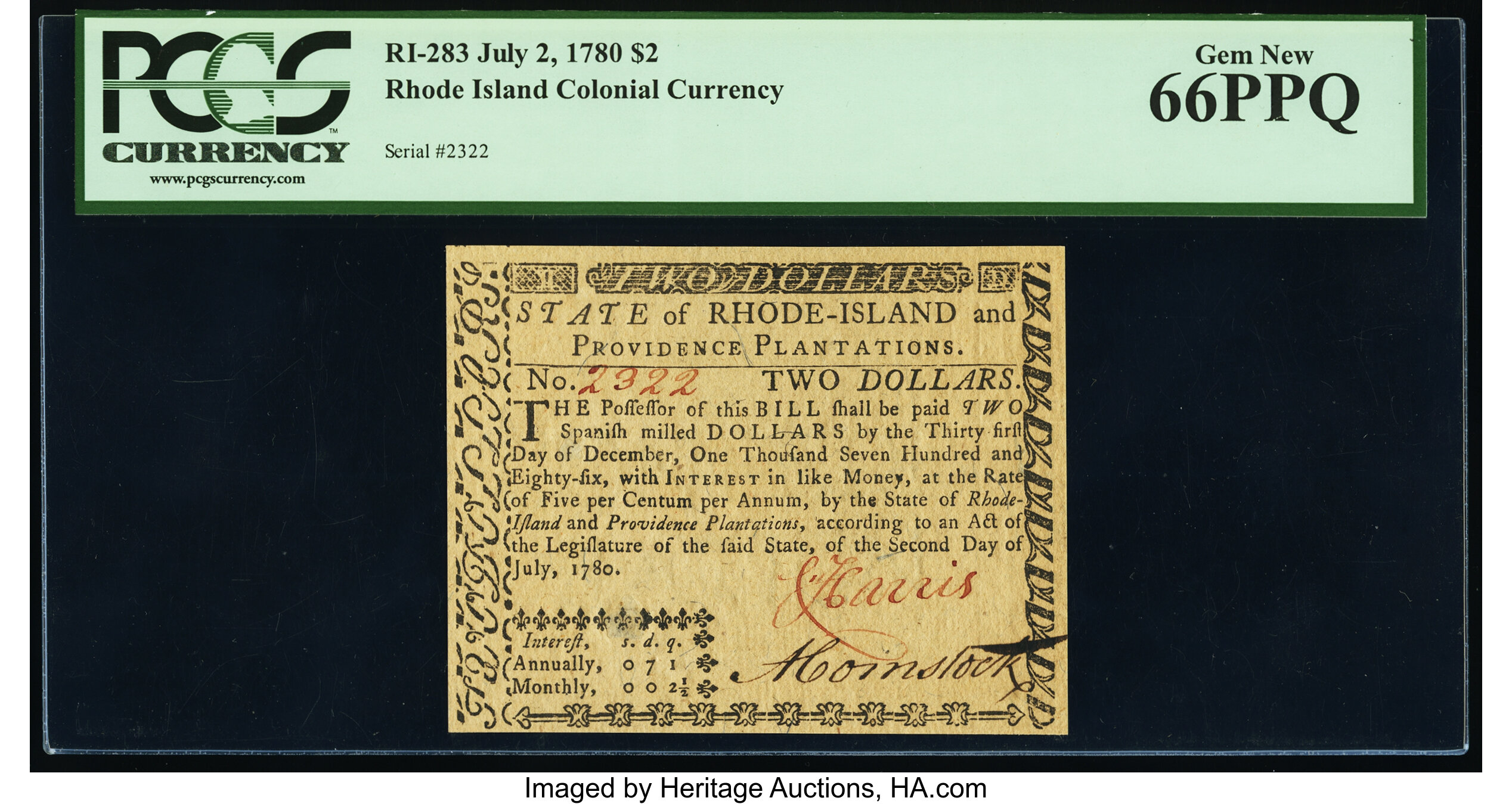 image for: Rhode Island July 2, 1780 $2 PCGS Gem New 66PPQ....