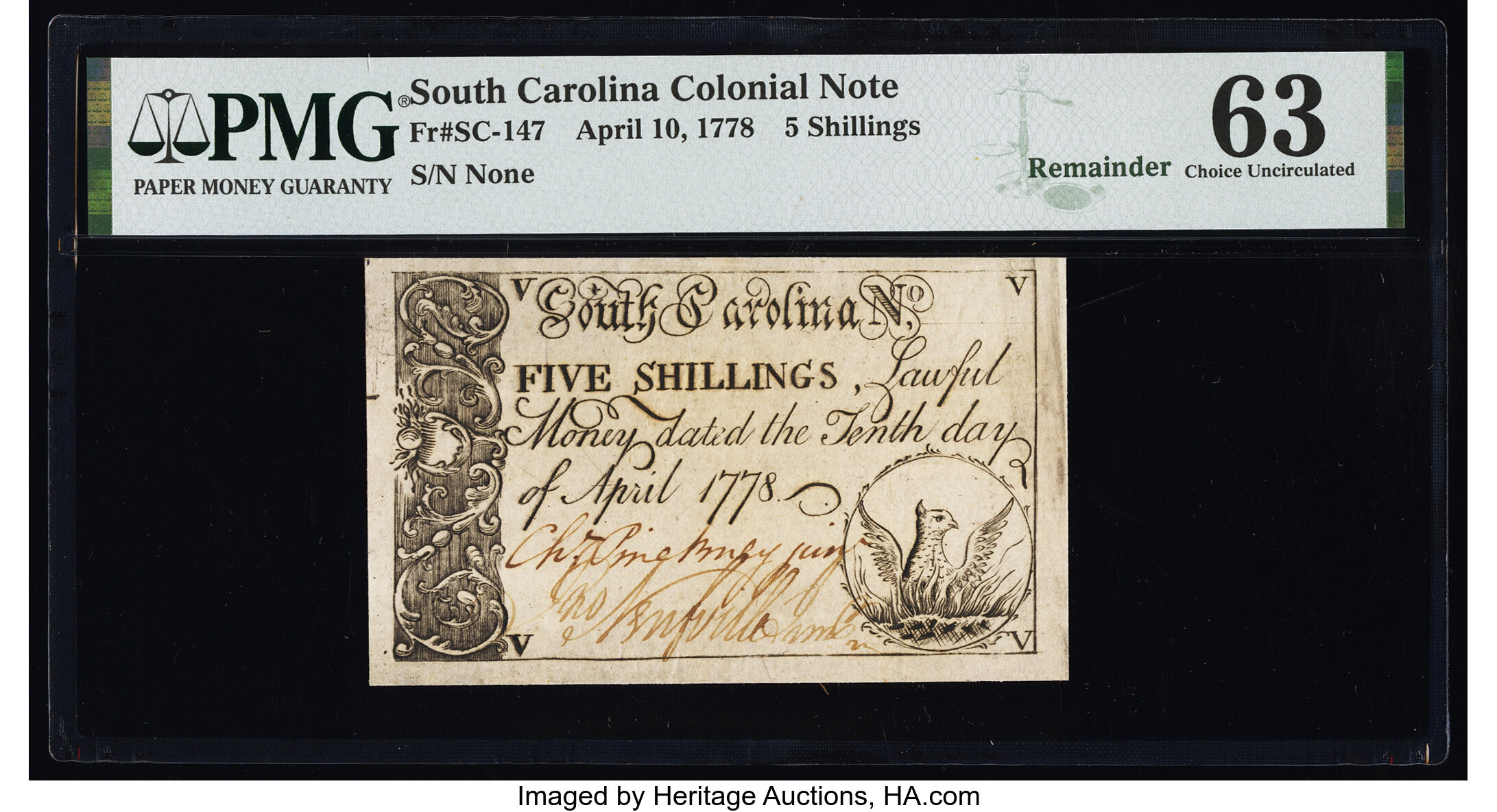 image for: South Carolina April 10, 1778 5s Remainder PMG Choice Uncirculated 63....