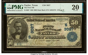 image for: Taylor, TX - $50 1902 Date Back Fr. 667 The First National Bank Ch. # (S)3027 PMG Very Fine 20....