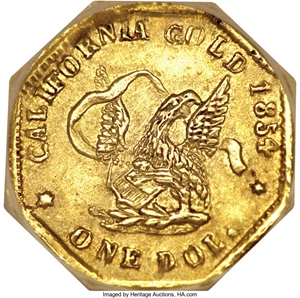 image for: 1854 $1 Large Eagle Octagonal 1 Dollar, BG-504, Low R.5, AU58 NGC....