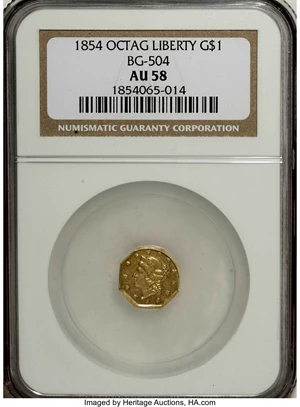 image for: 1854 $1 Large Eagle Octagonal 1 Dollar, BG-504, Low R.5, AU58 NGC....