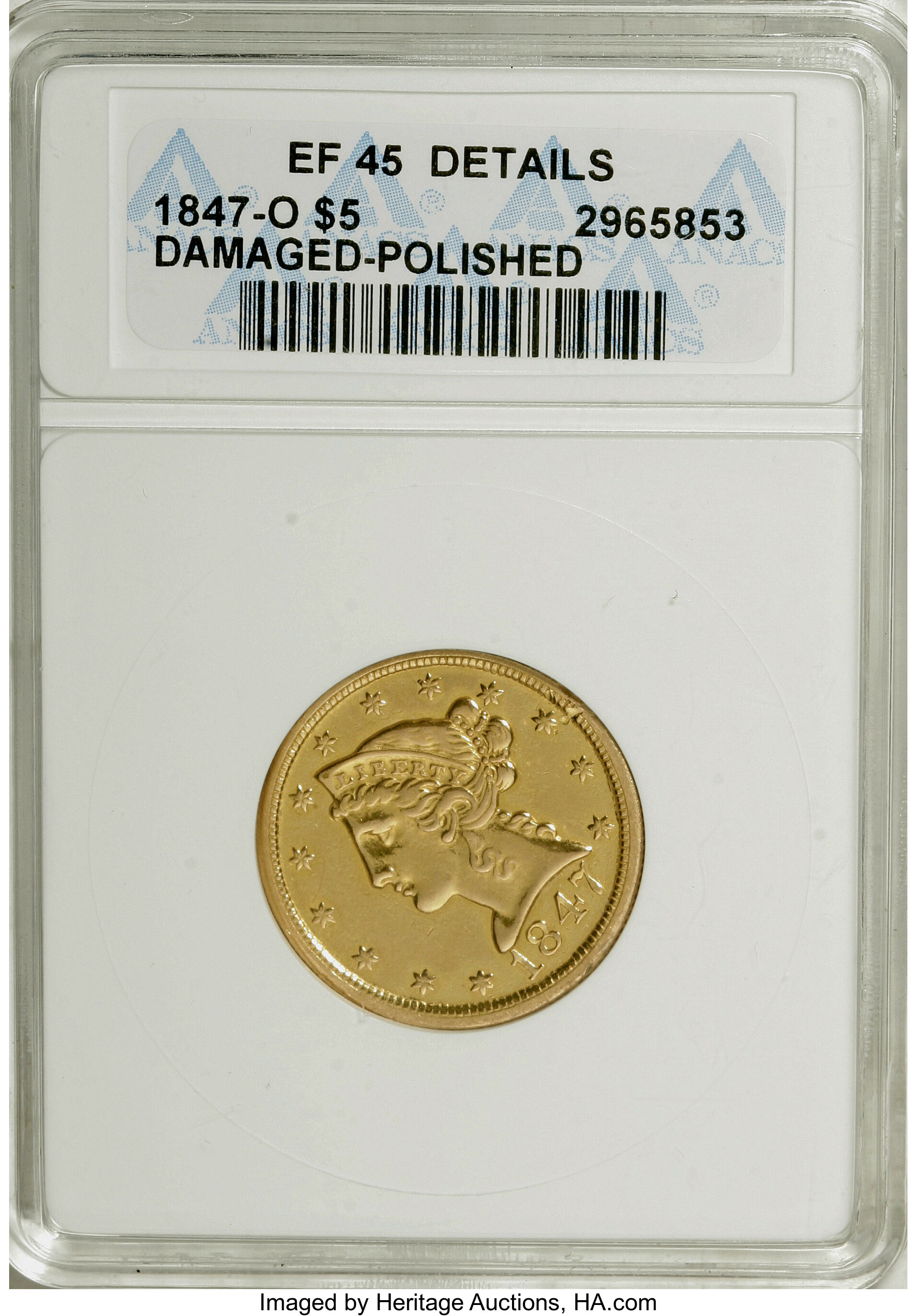 image for: 1847-O $5 --Damaged, Polished--ANACS. XF45 Details....