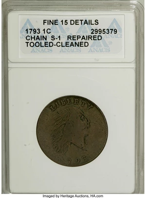 image for: 1793 Chain 1C AMERI.--Repaired, Tooled, Cleaned--ANACS. Fine 15 Details....