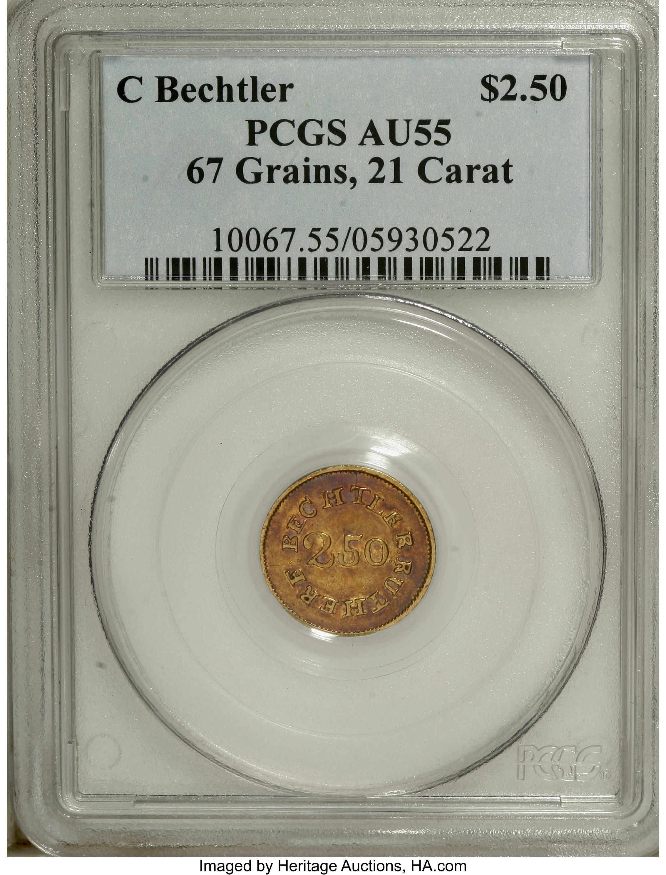 image for: (1837-42) $2 1/2 C. Bechtler Quarter Eagle, 67G. 21C. AU55 PCGS....