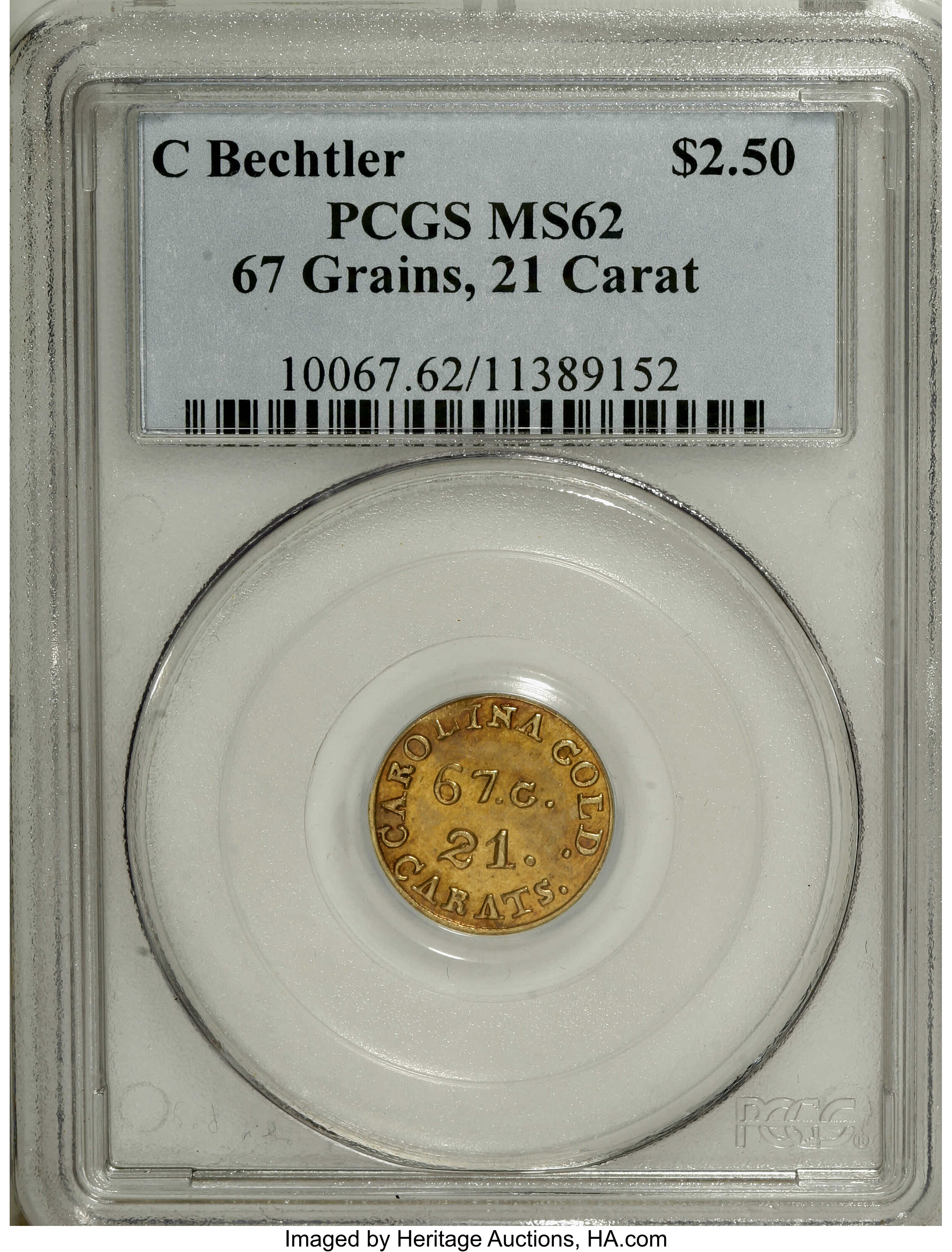 image for: (1837-42) $2 1/2 C. Bechtler Quarter Eagle, 67G. 21C. MS62 PCGS....