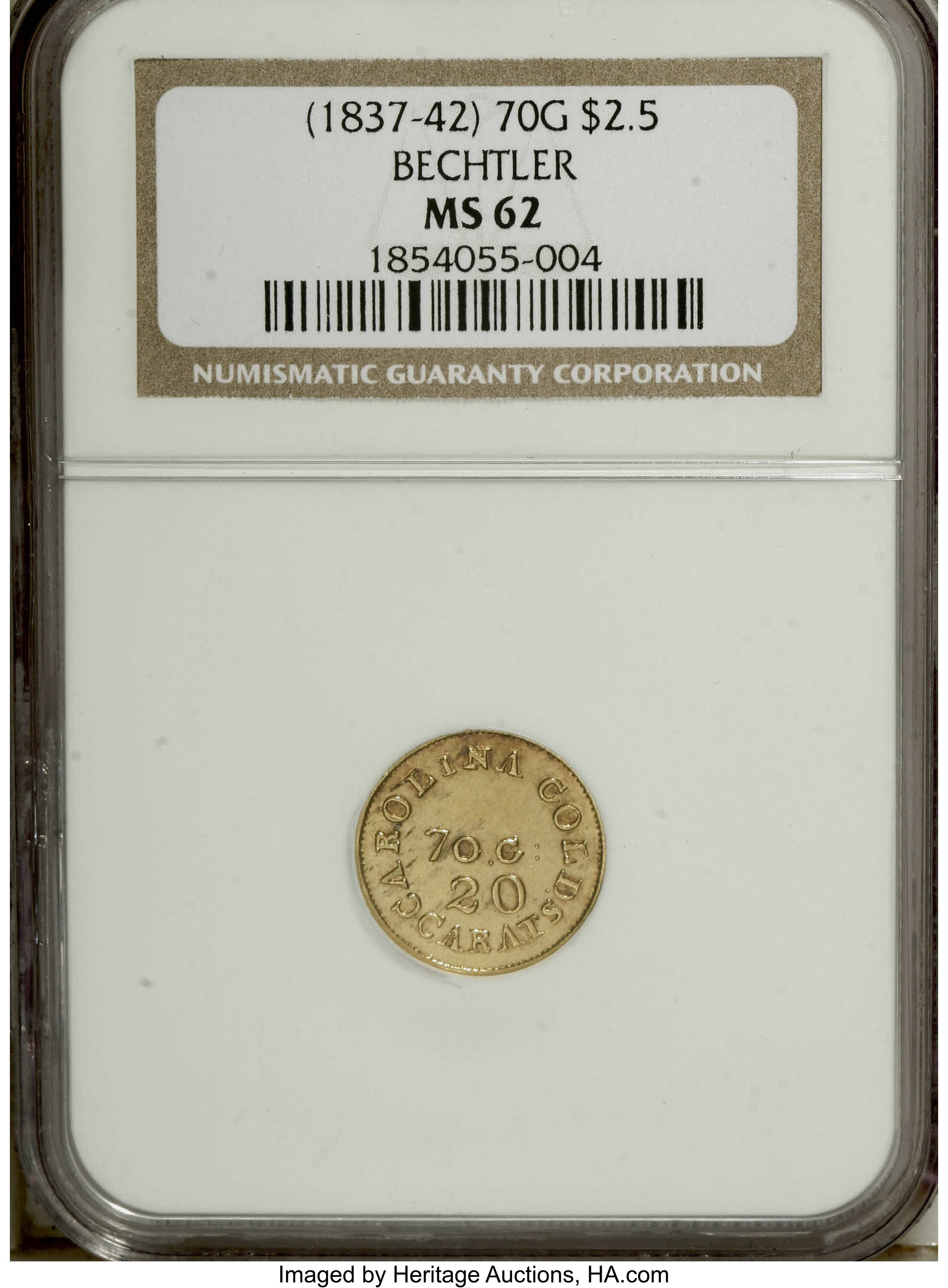 image for: (1837-42) $2 1/2 C. Bechtler Quarter Eagle, 70G. 20C. MS62 NGC....