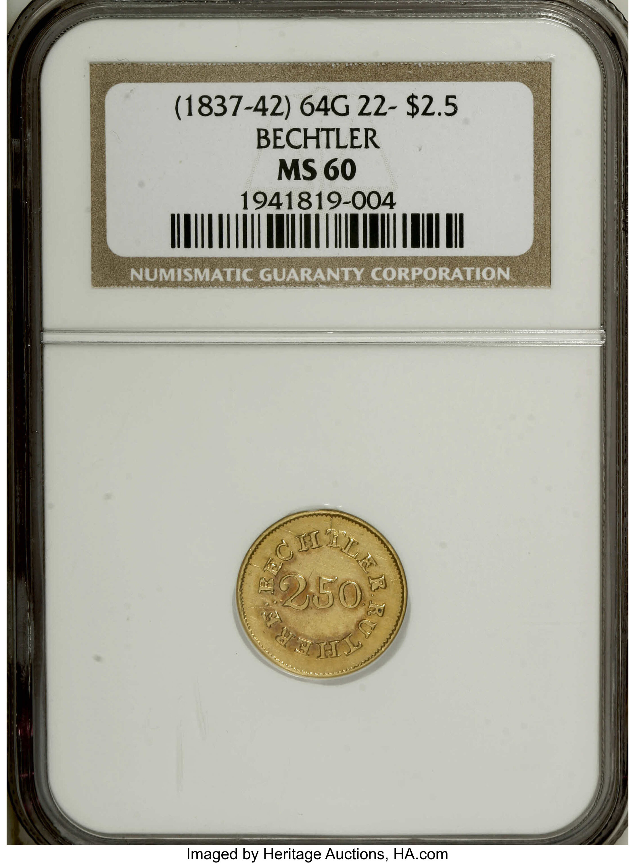 image for: (1837-42) $2 1/2 C. Bechtler Quarter Eagle, 64G. 22C. MS60 NGC....