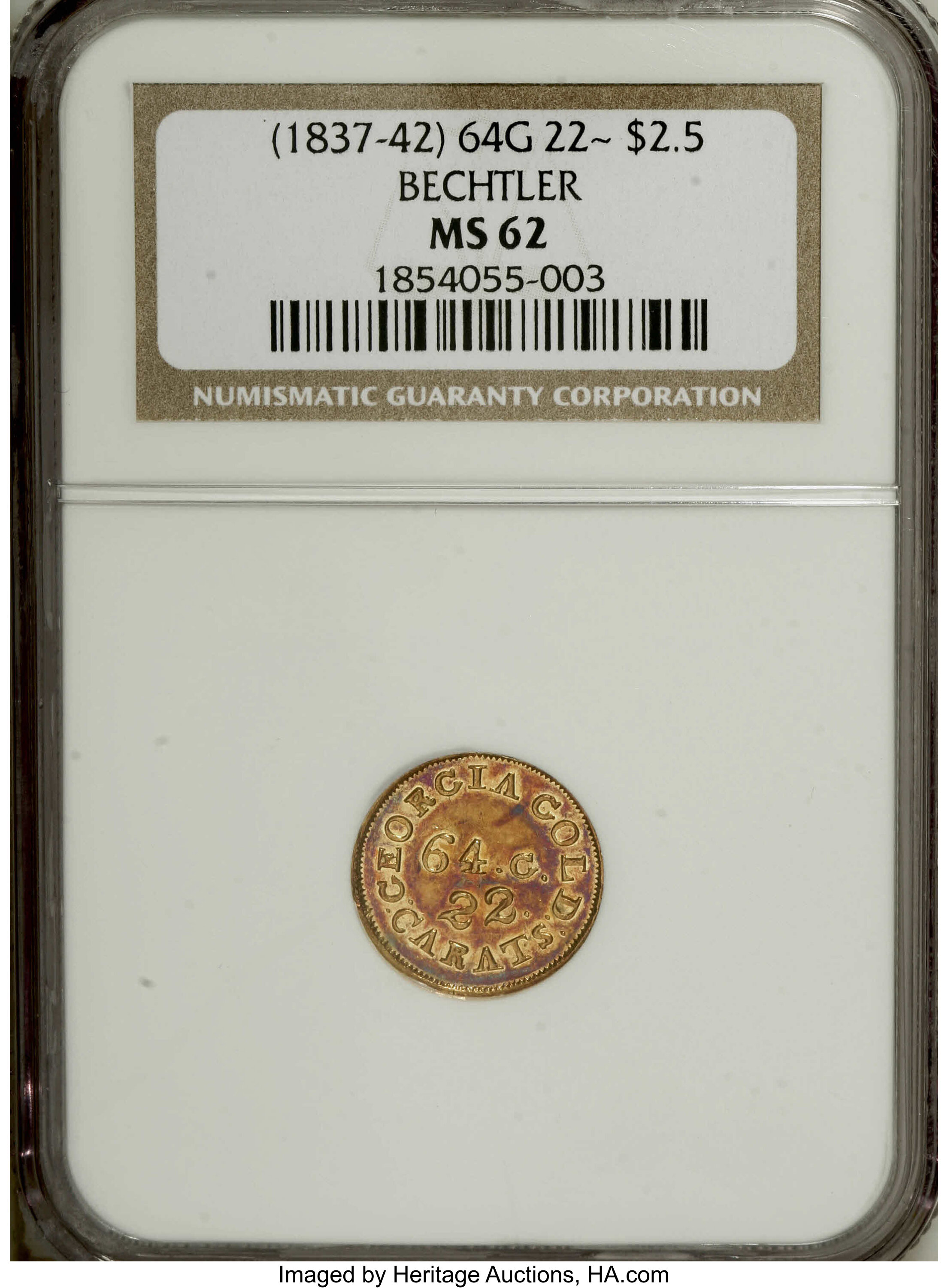 image for: (1837-42) $2 1/2 C. Bechtler Quarter Eagle, 64G. 22C. MS62 NGC....