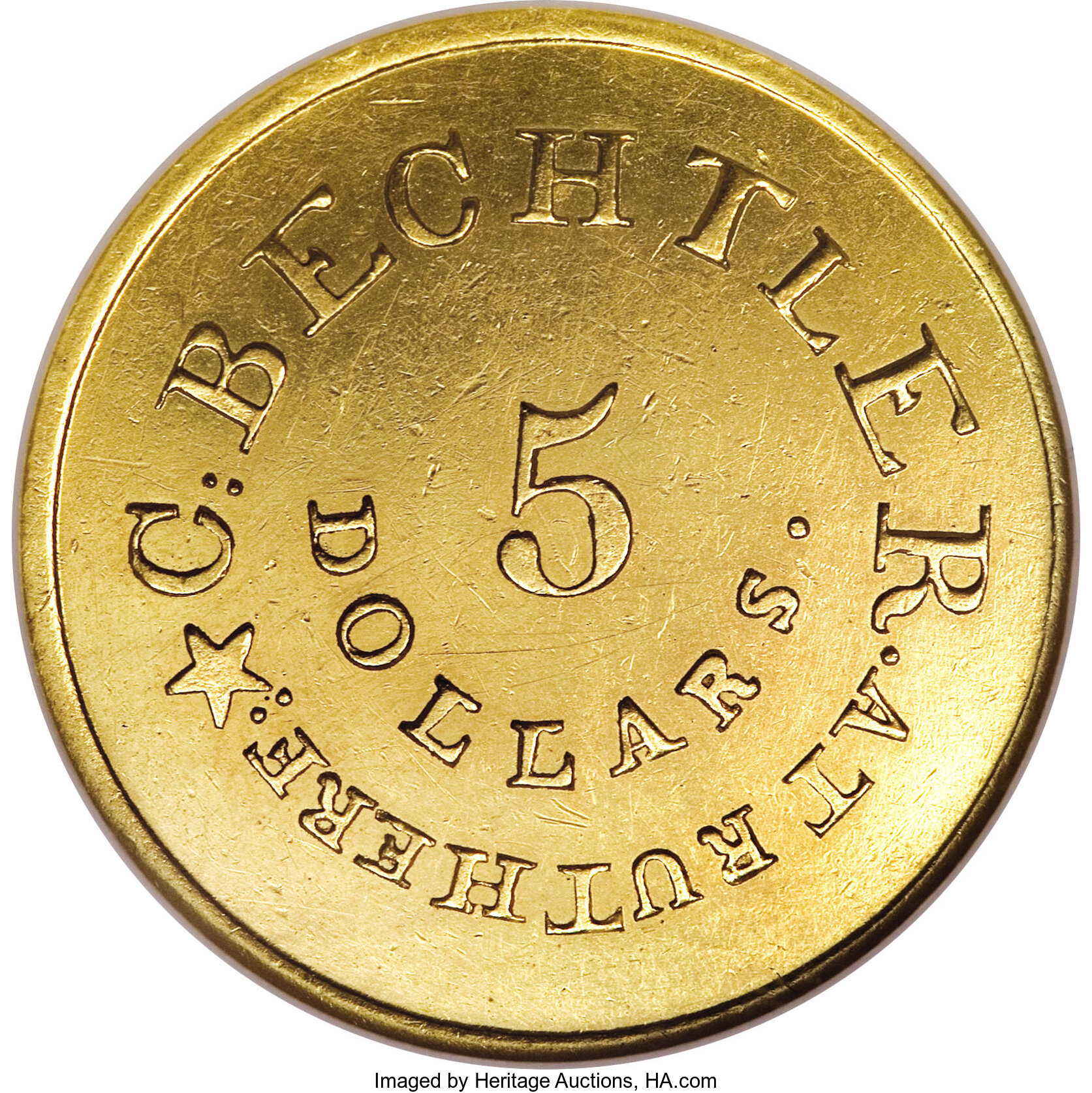 image for: (1834-37) $5 C. Bechtler Five Dollar, RUTHERF: MS61 NGC....