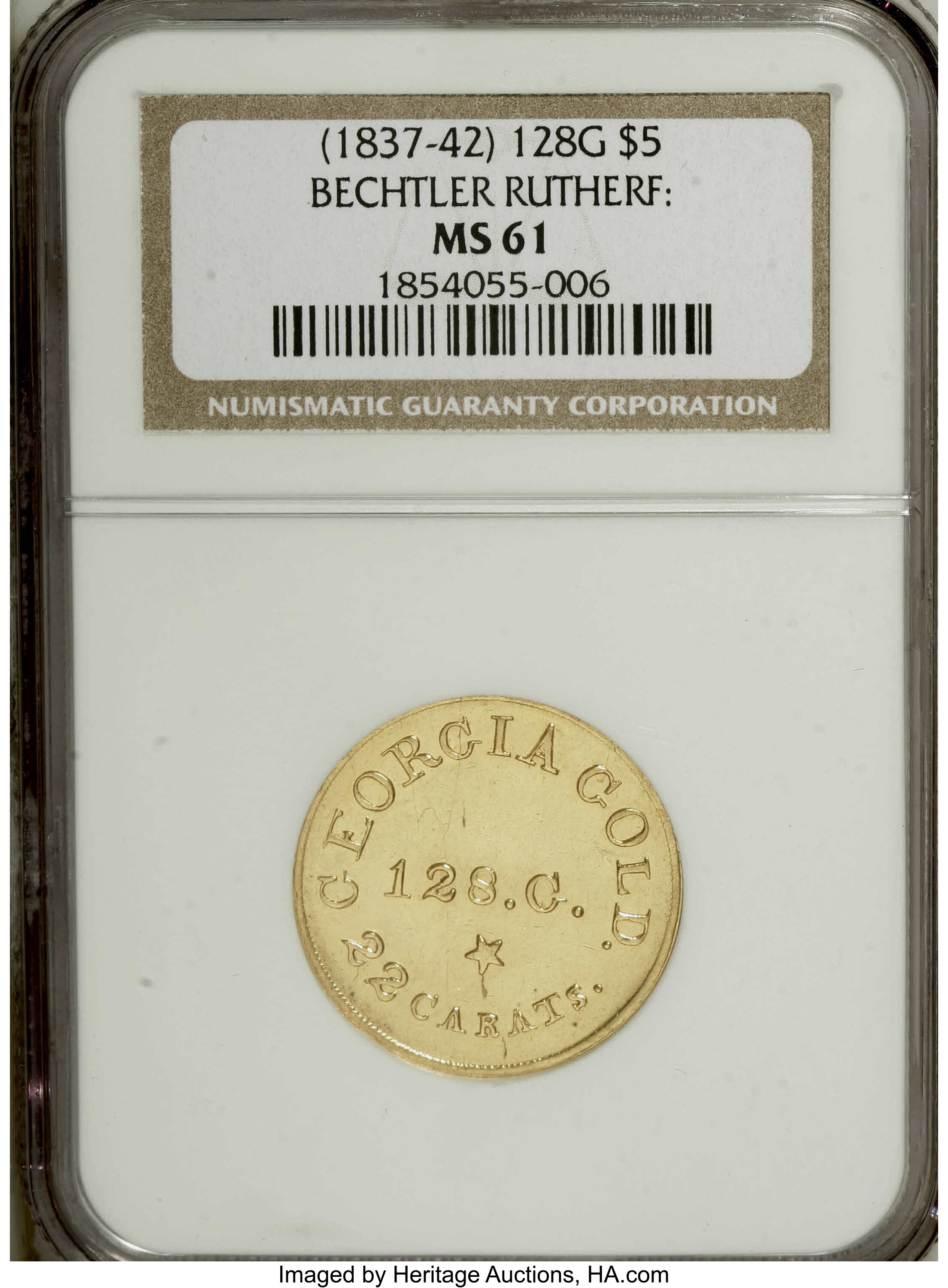 image for: (1834-37) $5 C. Bechtler Five Dollar, RUTHERF: MS61 NGC....