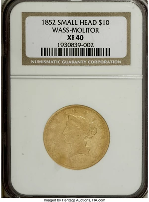 image for: 1852 $10 Wass Molitor Ten Dollar, Small Head XF40 NGC....