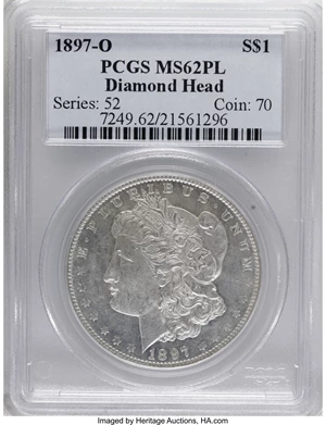 image for: 1897-O $1 MS62 Prooflike PCGS. Ex: Diamond Head. An essentially brilliant example that has a ...